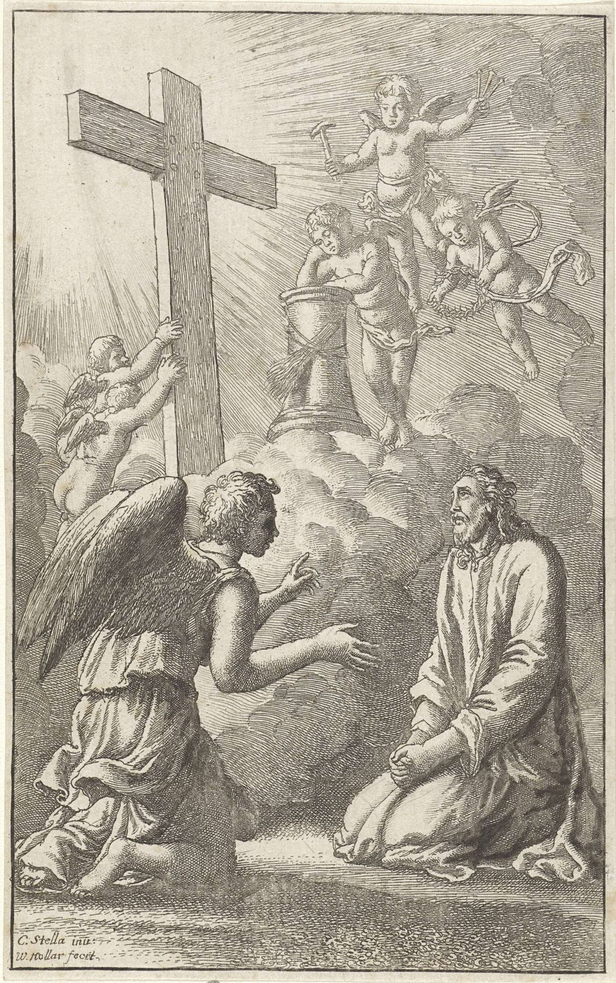 Geknielde Christus omringd door engelen met de passiewerktuigen by Wenceslaus Hollar