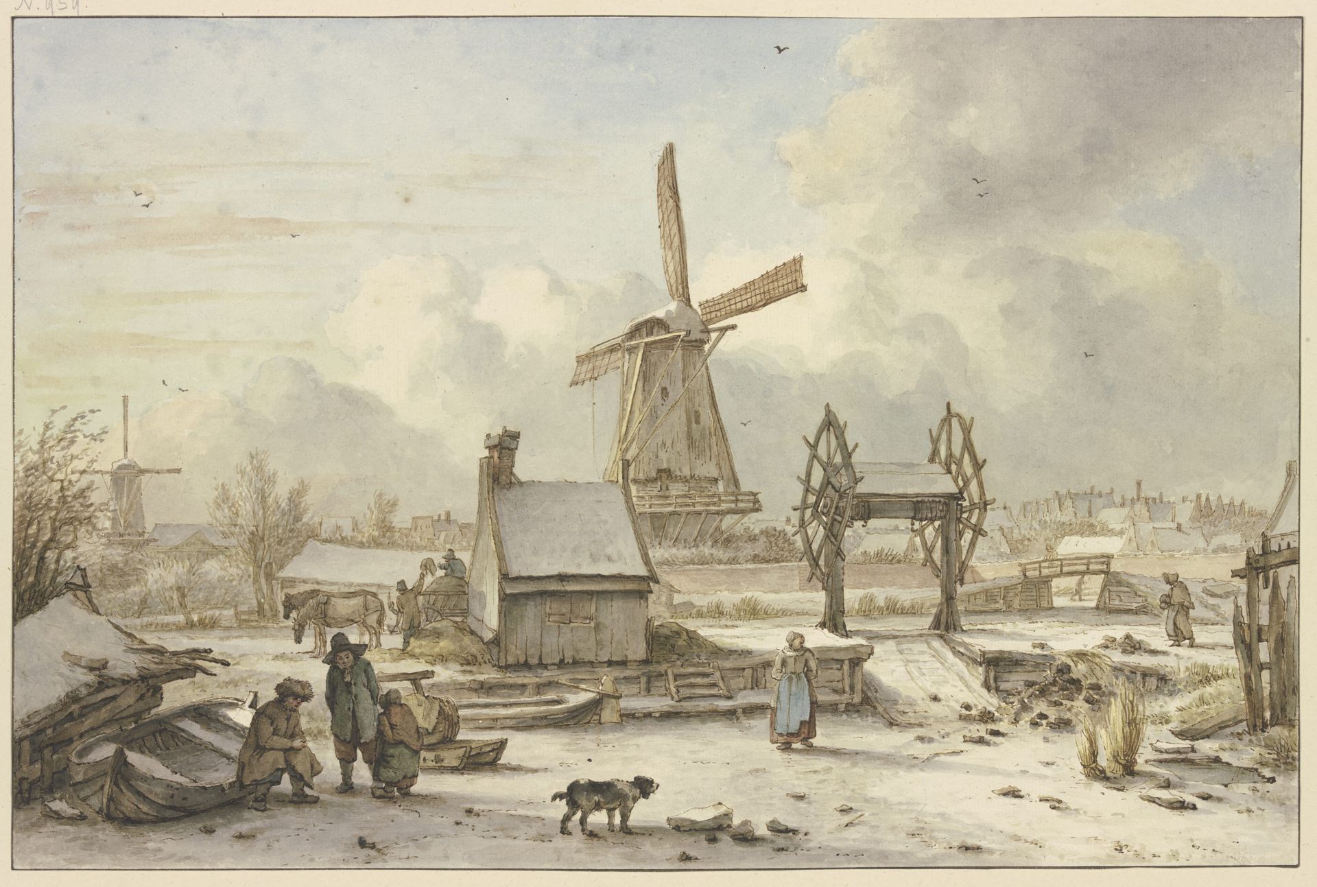 Winterlandschaft mit Schiffshebewerk und Windmühle by Jan Hulswit