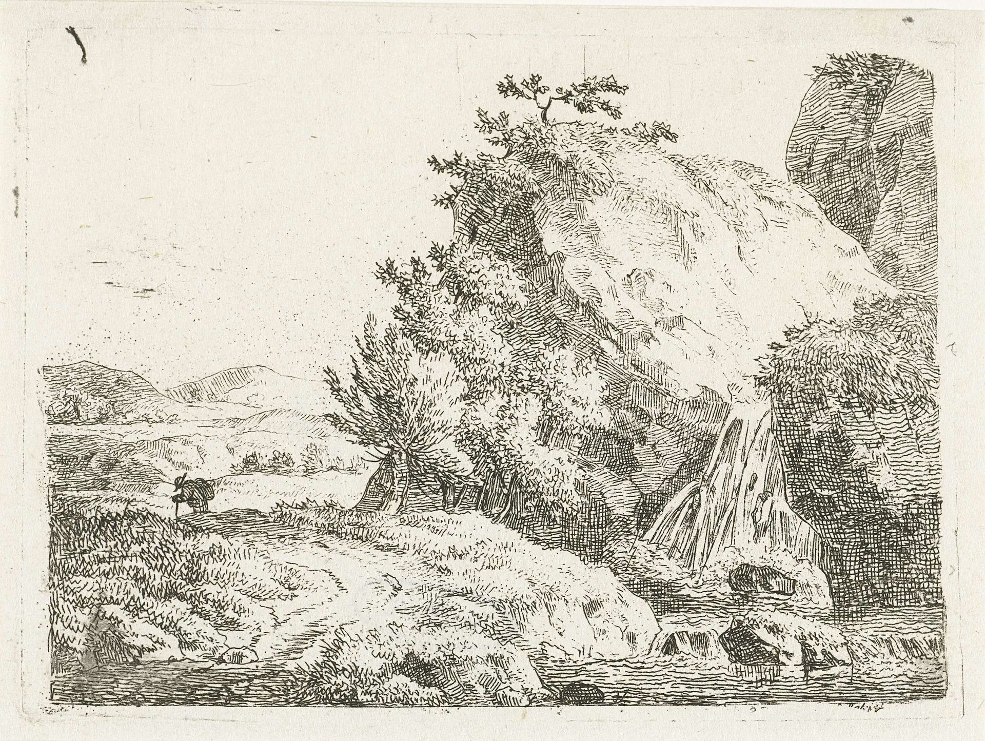 Berglandschap met waterval en wandelaar by Frédéric Théodore Faber