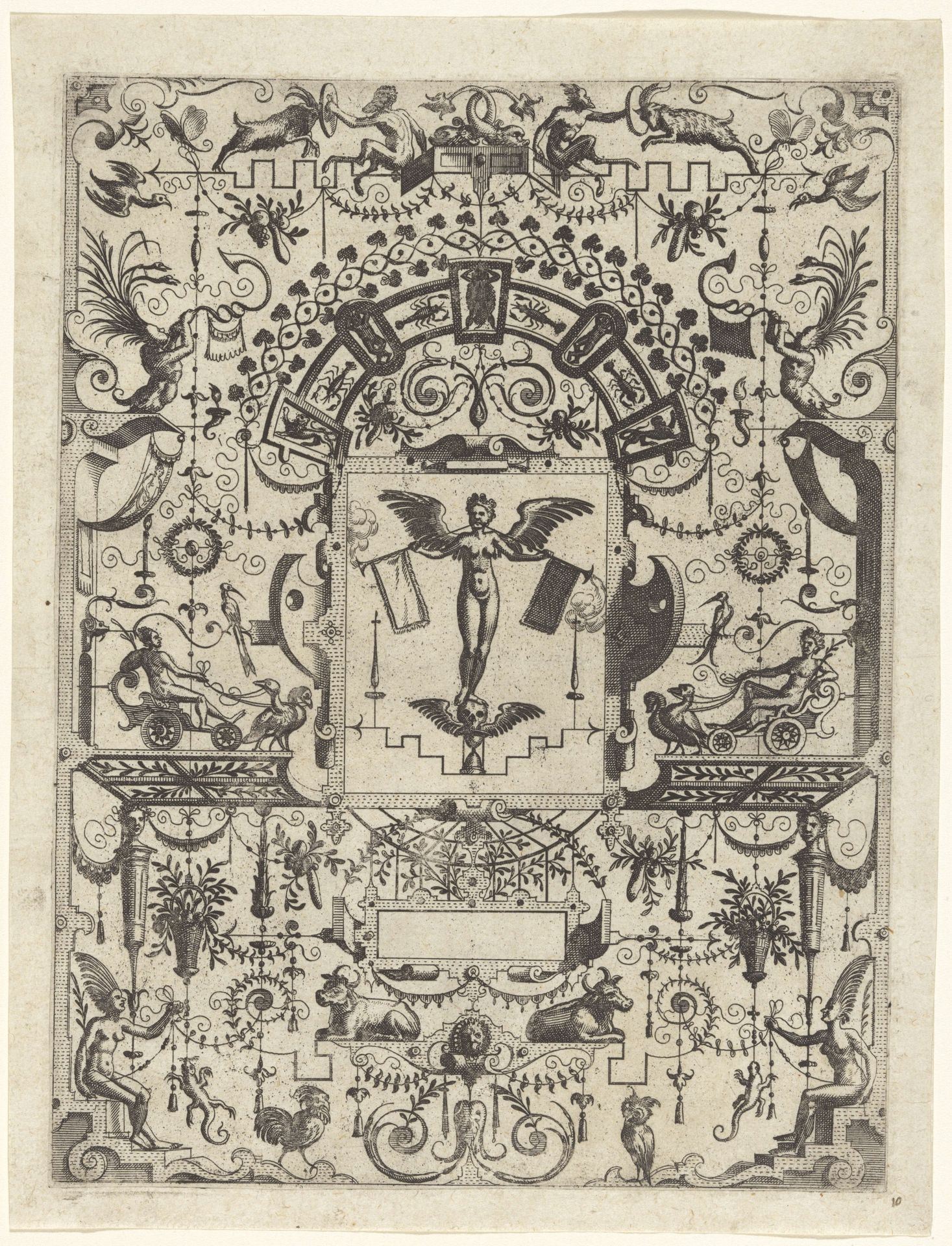 Cartouche met Fama die blaast op twee bazuinen by Johannes of Lucas van Doetechum