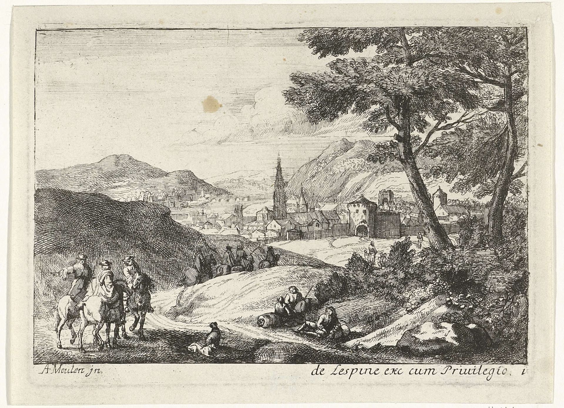 Landschap met figuren en stad by Jan van Huchtenburg