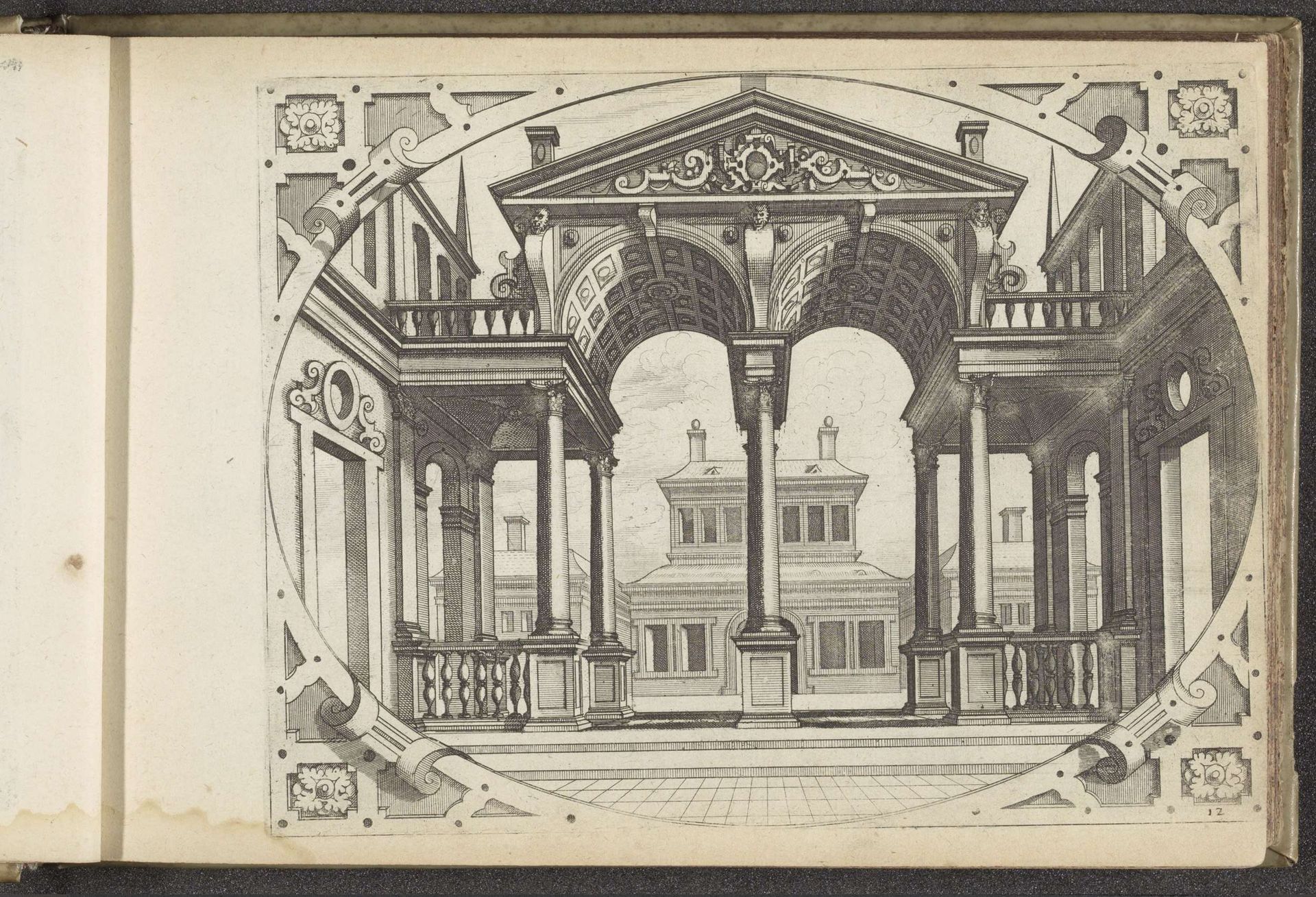 Dubbel portiek bekroond met een fronton by Johannes of Lucas van Doetechum