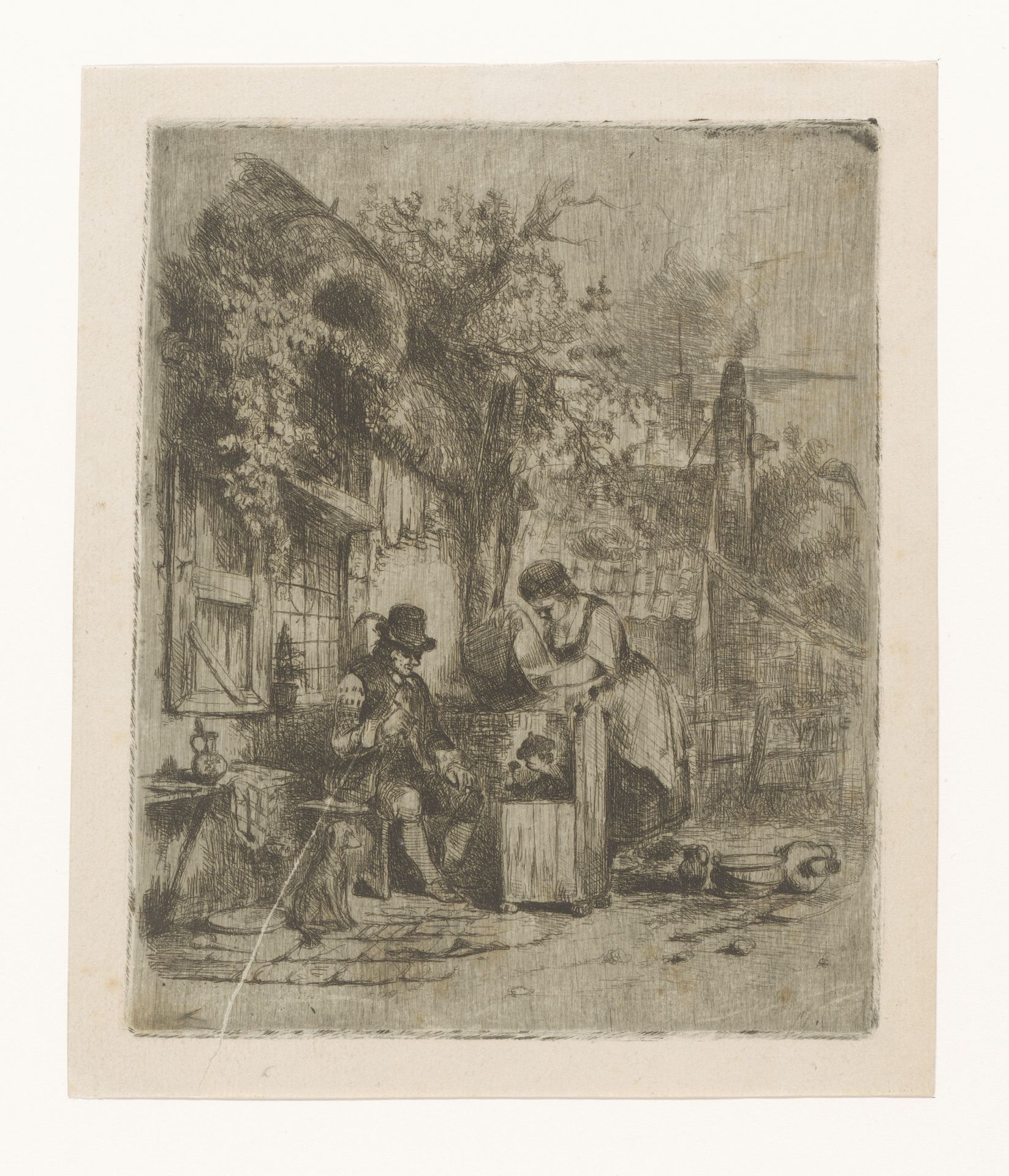 Straatgezicht met zittende man en een vrouw die een ketel schuurt by Adrien Joseph Verhoeven-Ball