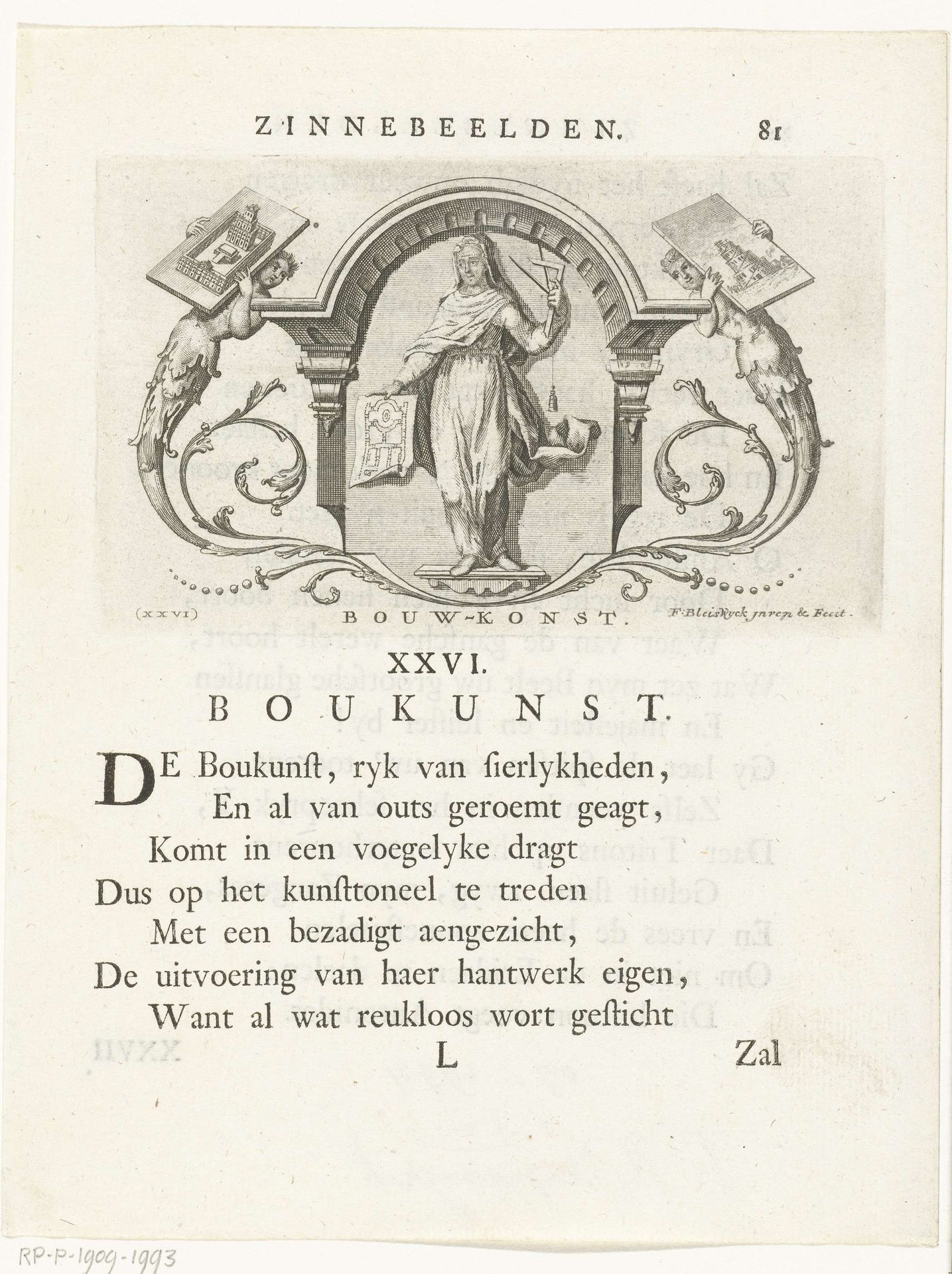 Embleem met allegorie op bouwkunst by François van Bleyswijck