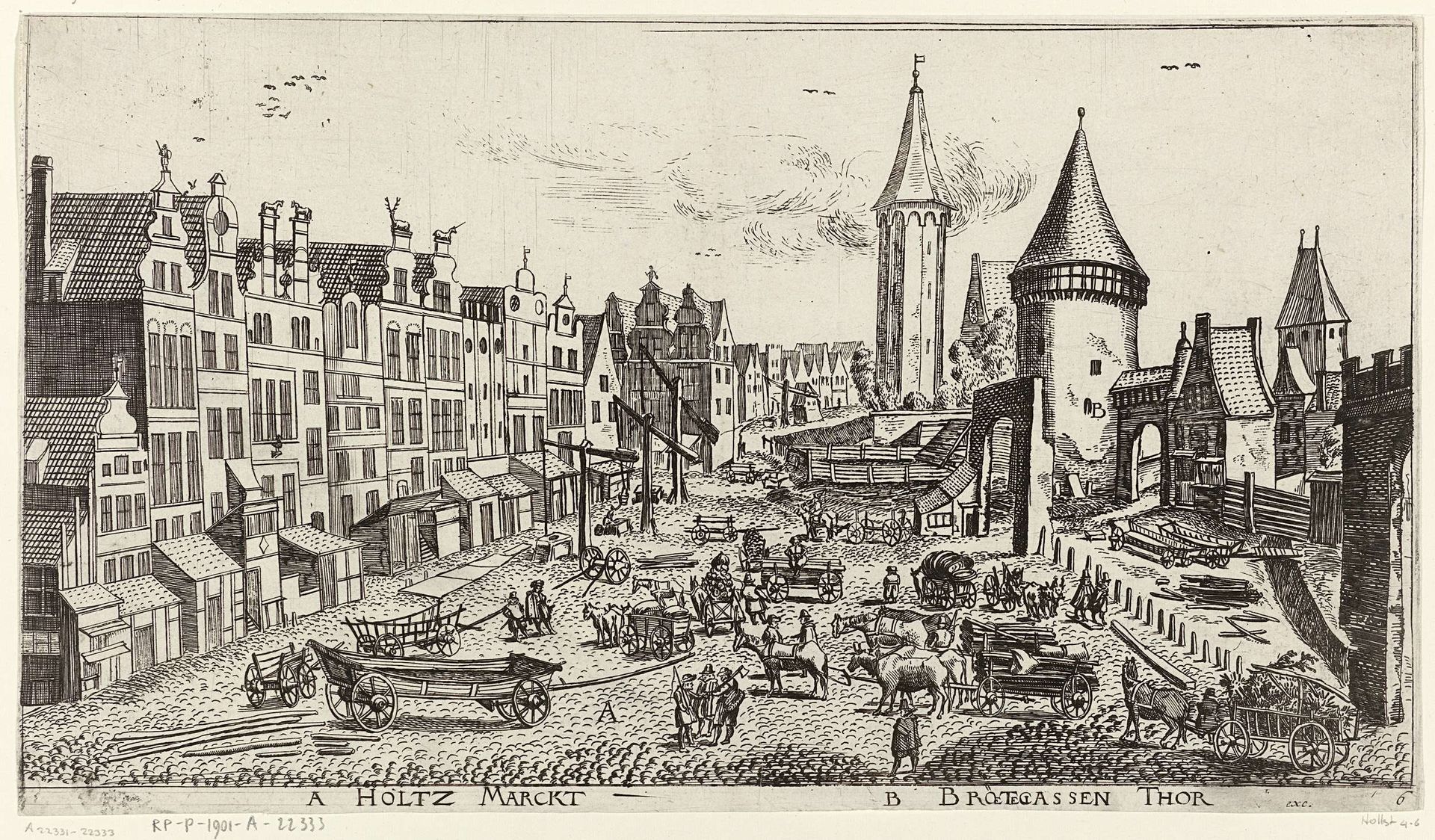 Gezicht op de houtmarkt in Danzig by Aegidius Dickmann