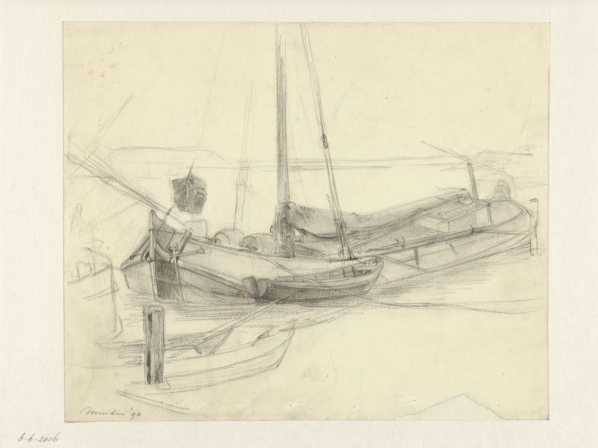 Tjalk en roeiboten in de haven van Muiden by Cornelis Gerardus 't (1791-1871) Hooft