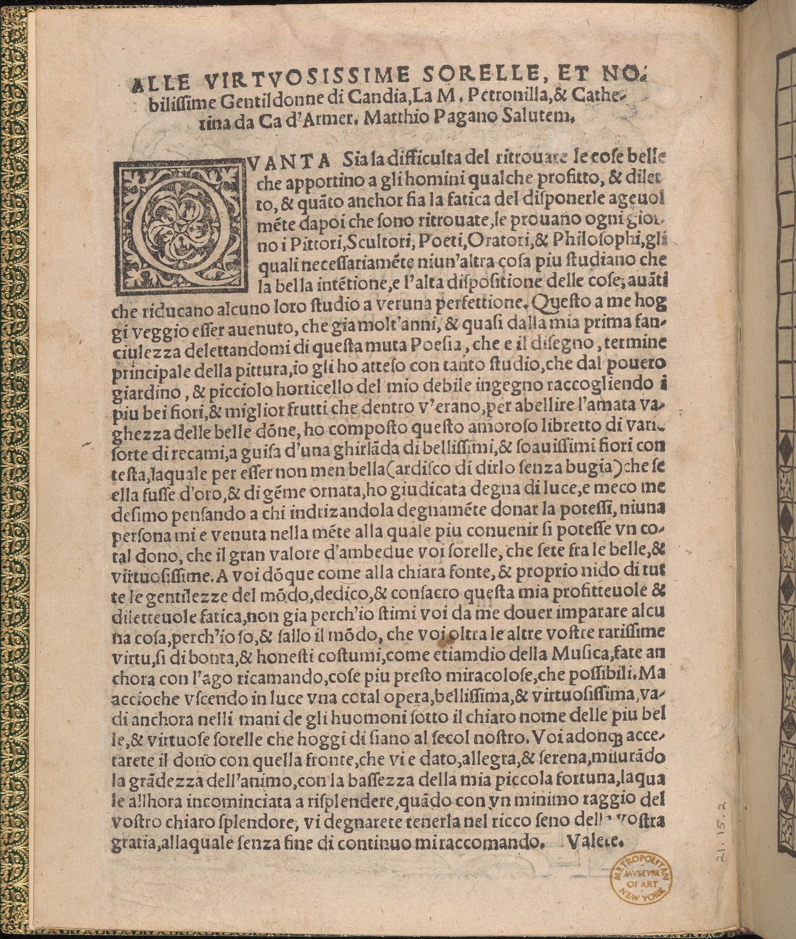 Ornamento delle belle & virtuose donne, title page (verso) by Matteo Pagano