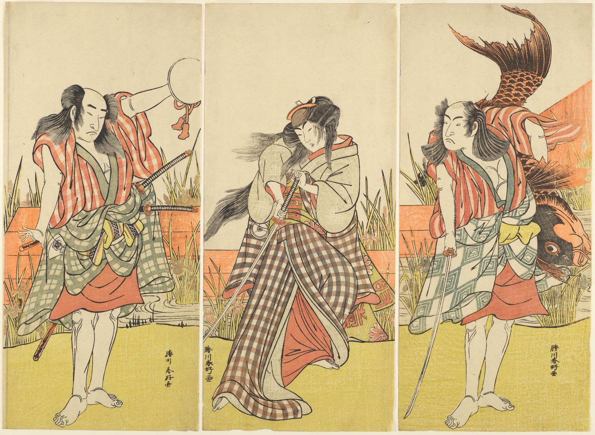 Actors Ichikawa Monnosuke II (right), Iwai HanshirÅ IV (center), and Onoe Matsusuke I (left) by Katsukawa ShunkÅ
