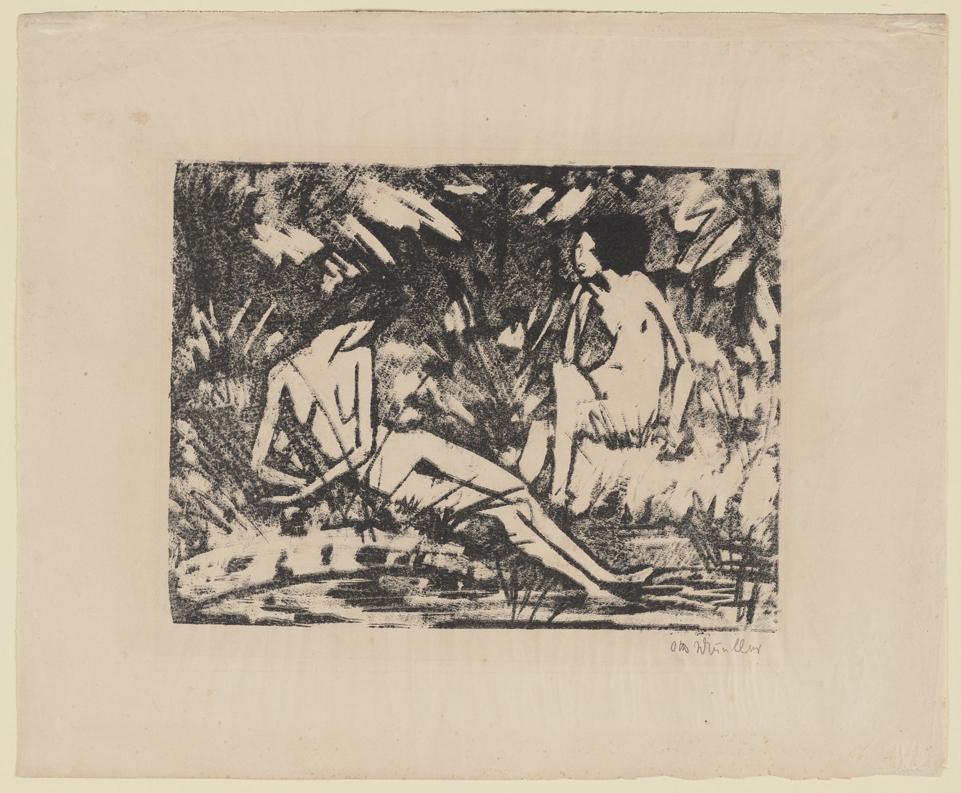 Sitzendes und seitlich aufgestütztes Mädchen am Wasser II by Otto Mueller