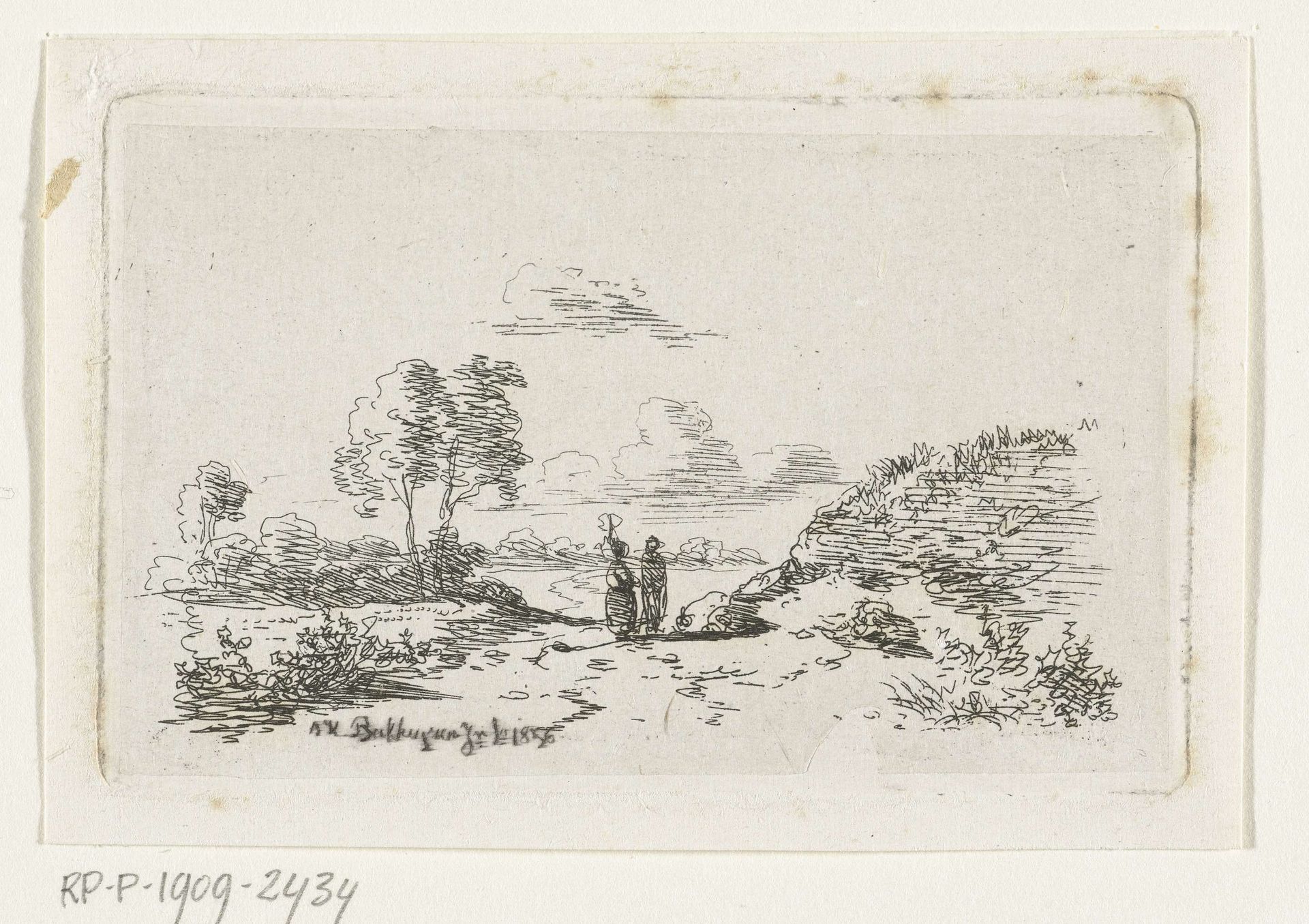 Landschap met twee figuren op zandweg by Dirk Vis Blokhuyzen