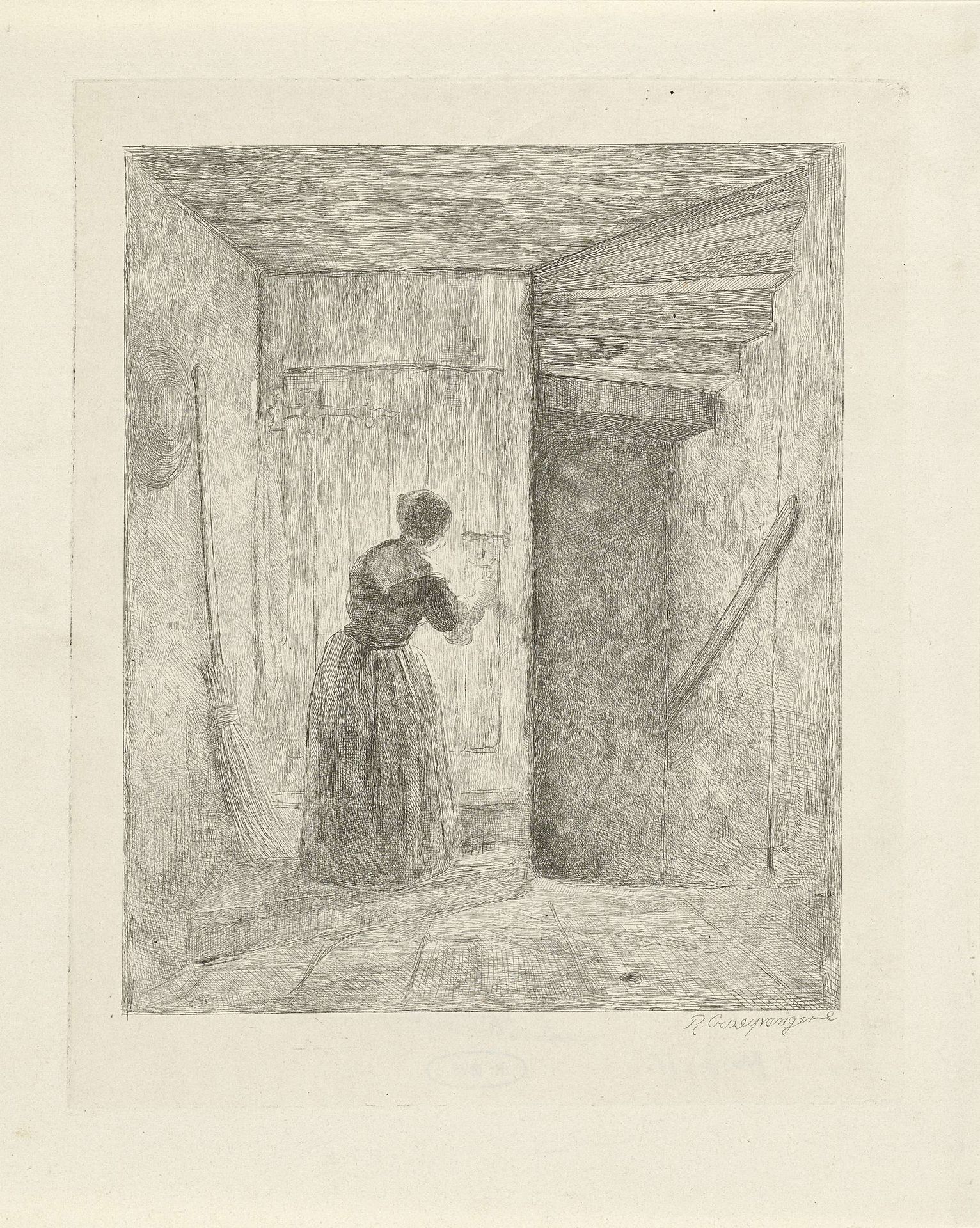 Vrouw voor een deur by Reinier Craeyvanger