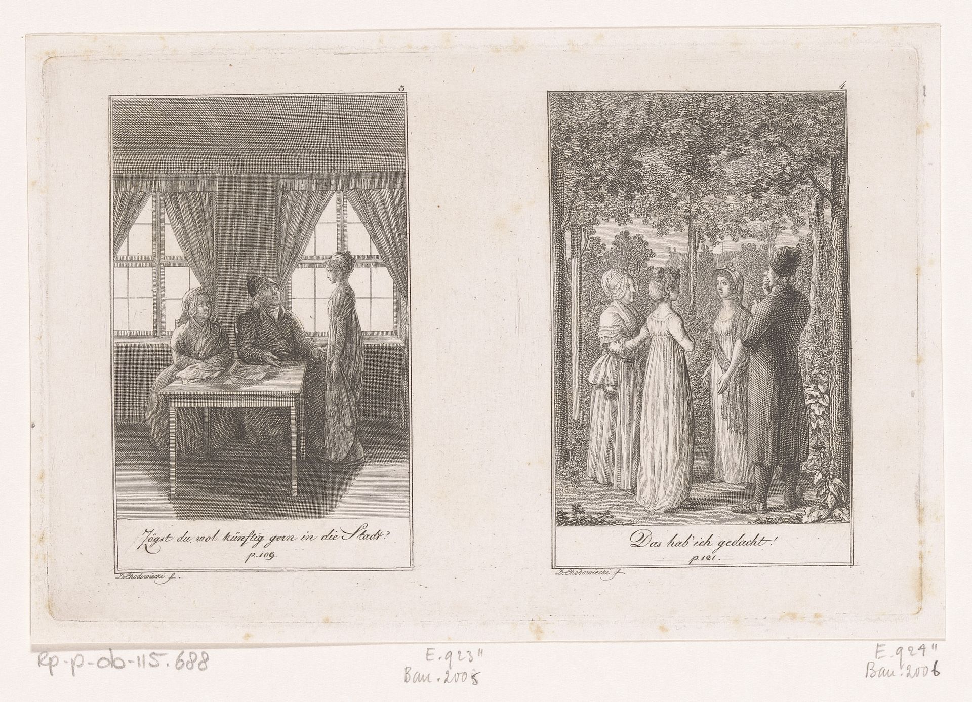Twee voorstellingen uit de verhalen van Wilhelm Gottlieb Becker by Daniel Nikolaus Chodowiecki