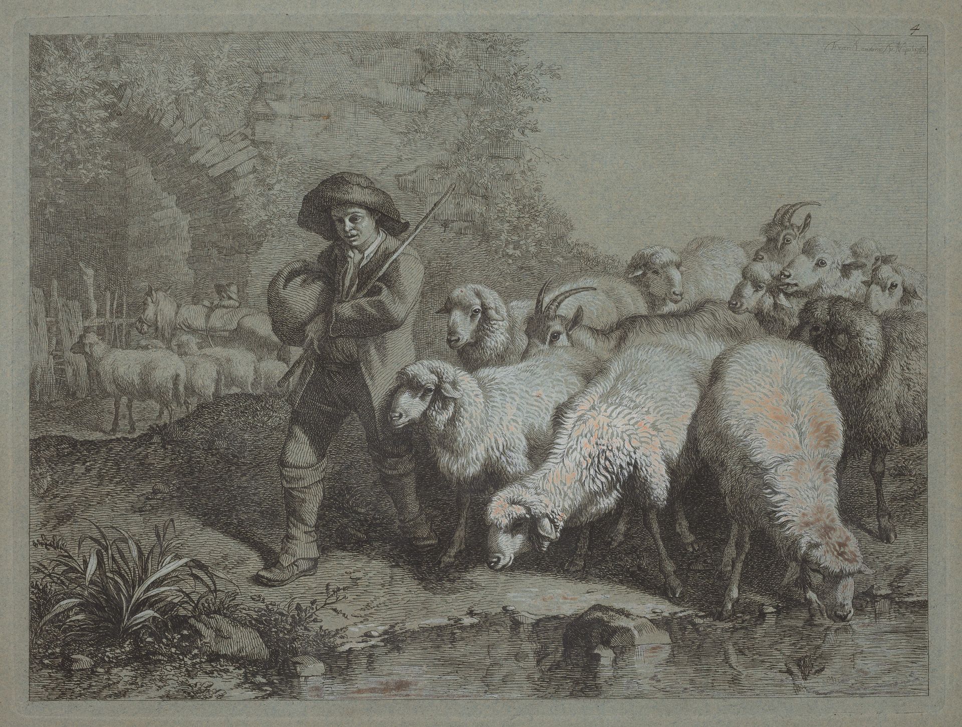 Shepherd with a Sack Driving a Flock by Francesco Londonio