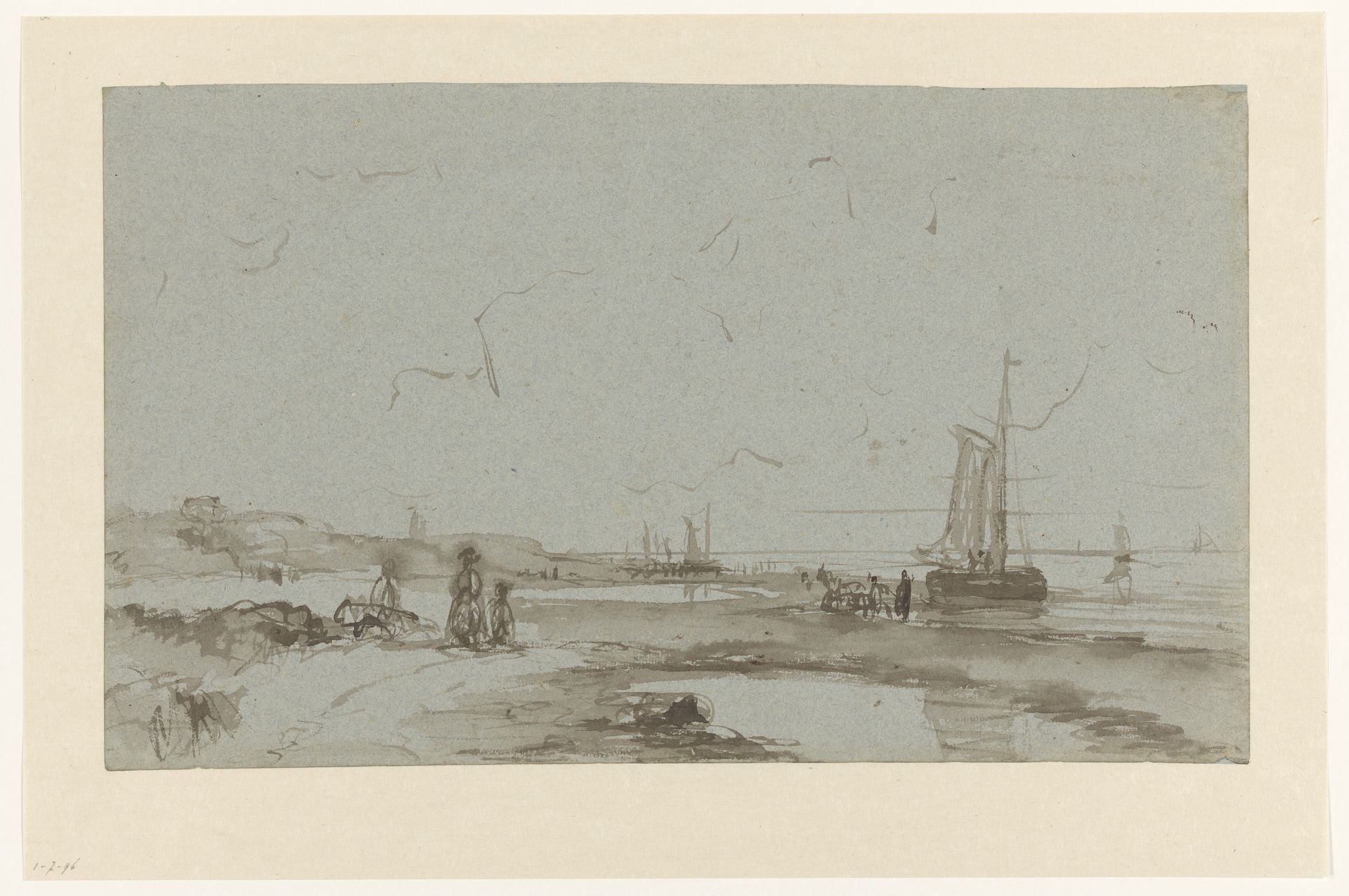 Strandgezicht met zeilschepen en wandelaars by Albertus van Beest
