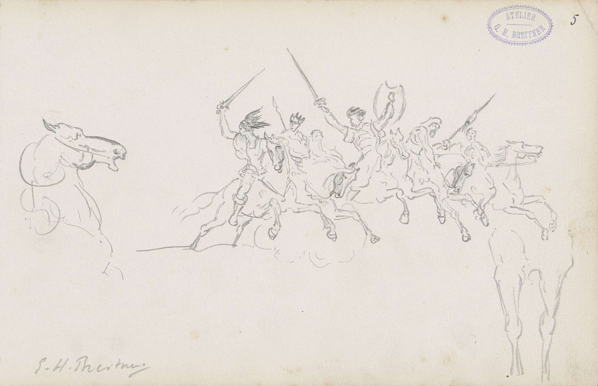 Soldaten met opgeheven wapens op galopperende paarden by George Hendrik Breitner