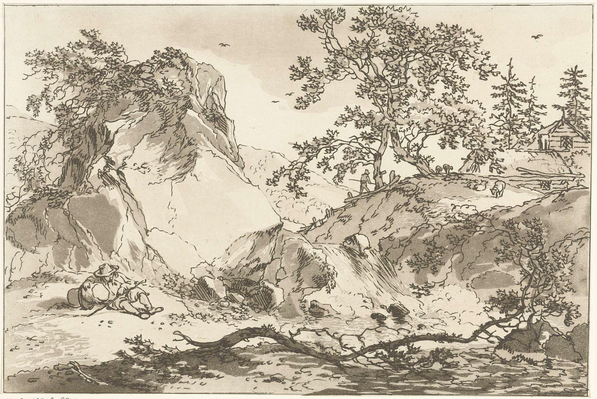 Heuvelachtig landschap met een rustende man by Hendrik Meijer