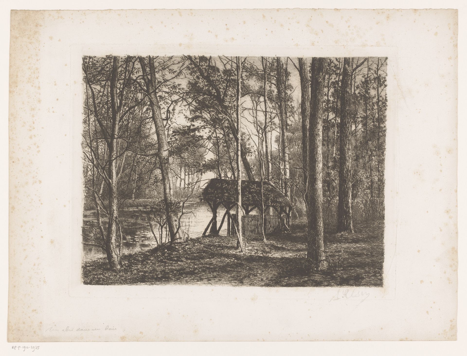 Bosgezicht met water en schuilplaats by Alfred Elsen