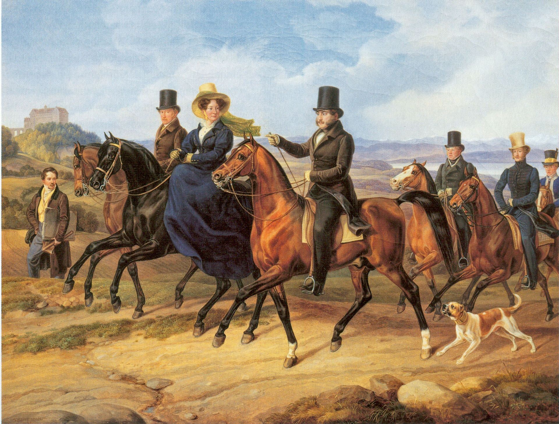 Cavalcade in front of Heiligenberg Castle Prince Karl Egon II of Fürstenberg and Amalie, b. Princess of Baden by Albrecht Adam