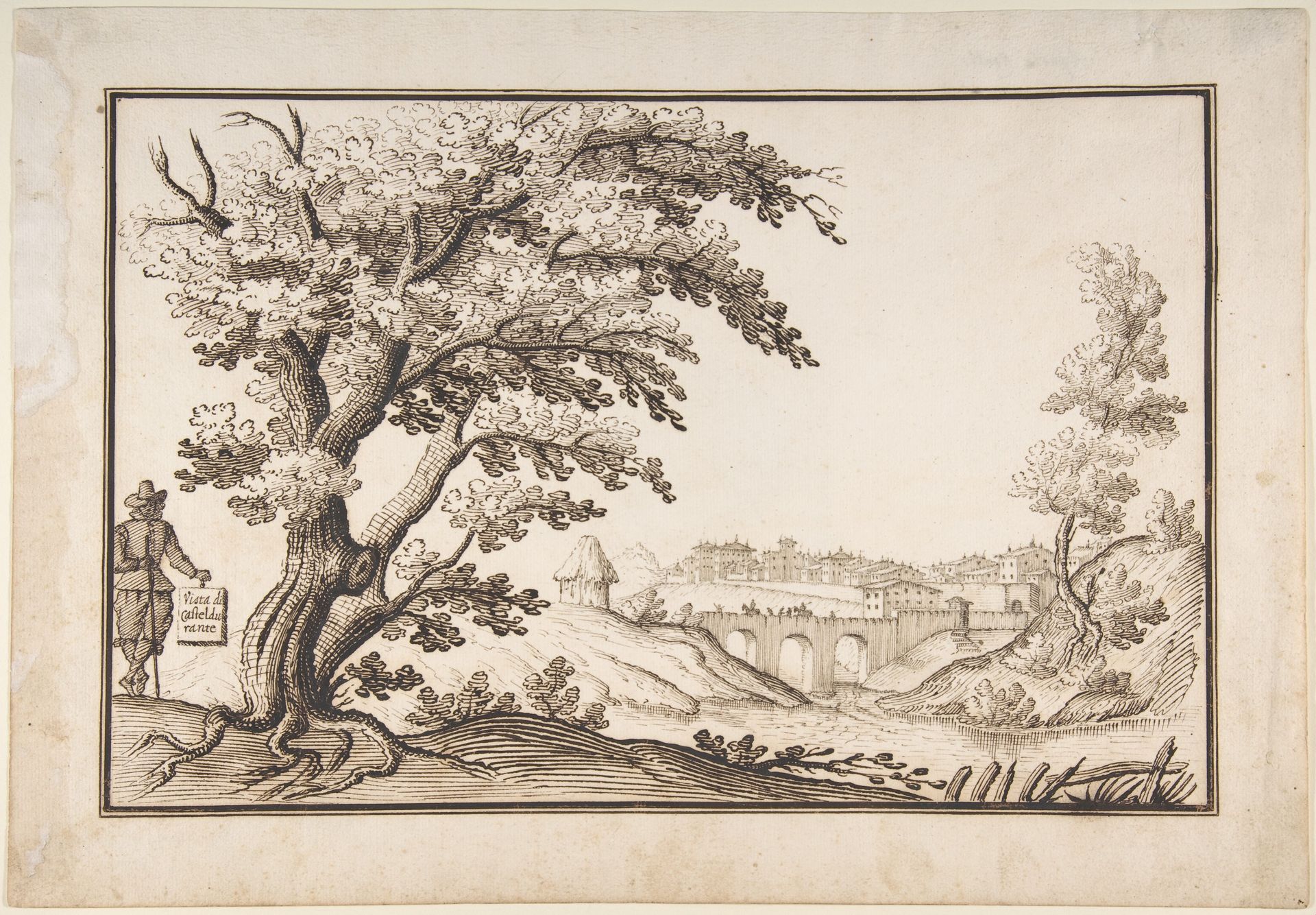 Framed Landscape with a View of Castel Durante with a Figure Holding an Inscribed Plaque in the Foreground by Ercole Bazicaluva
