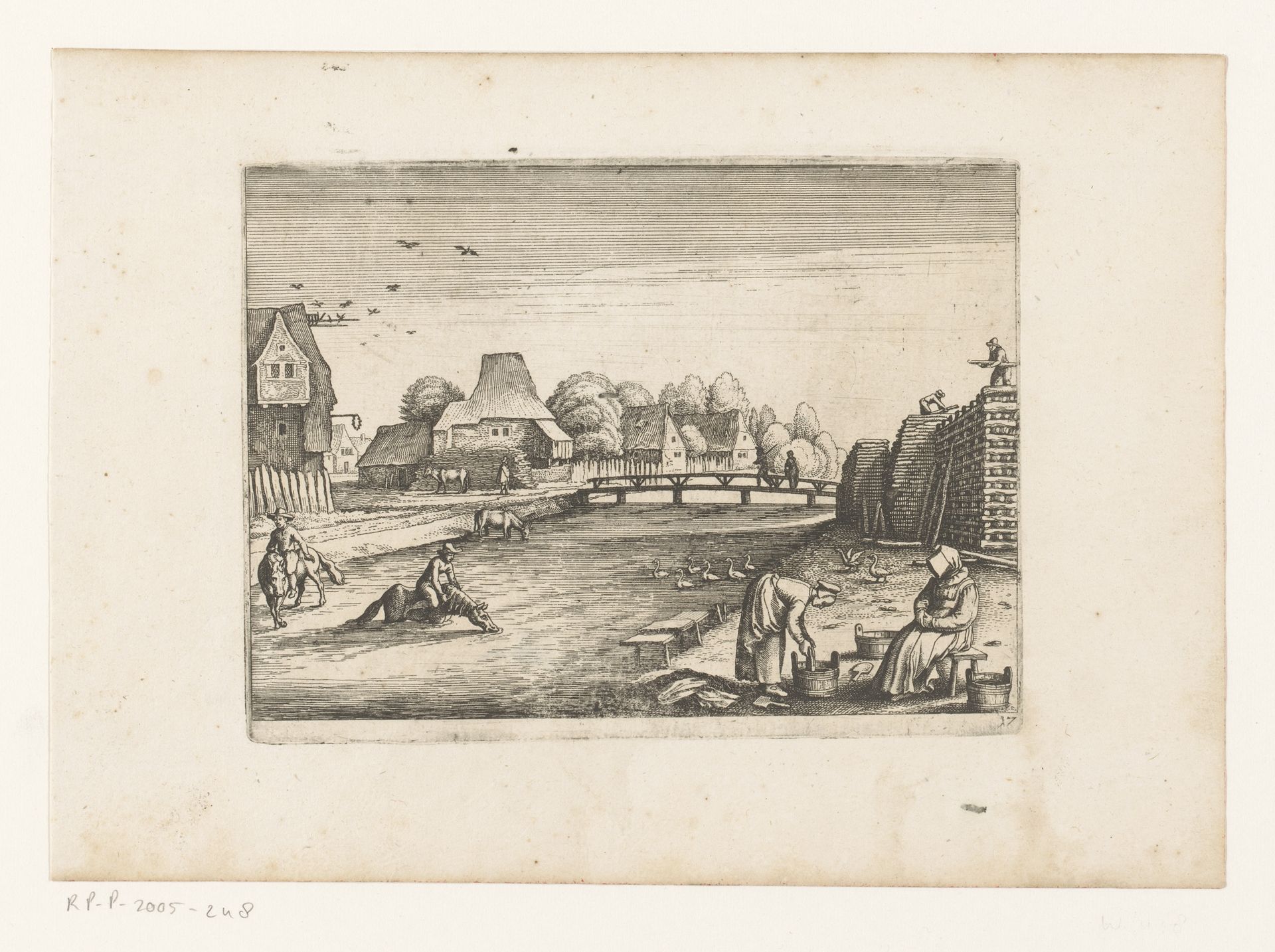 Dorpsgezicht met houtopslag aan rivier by Matthäus (I) Merian