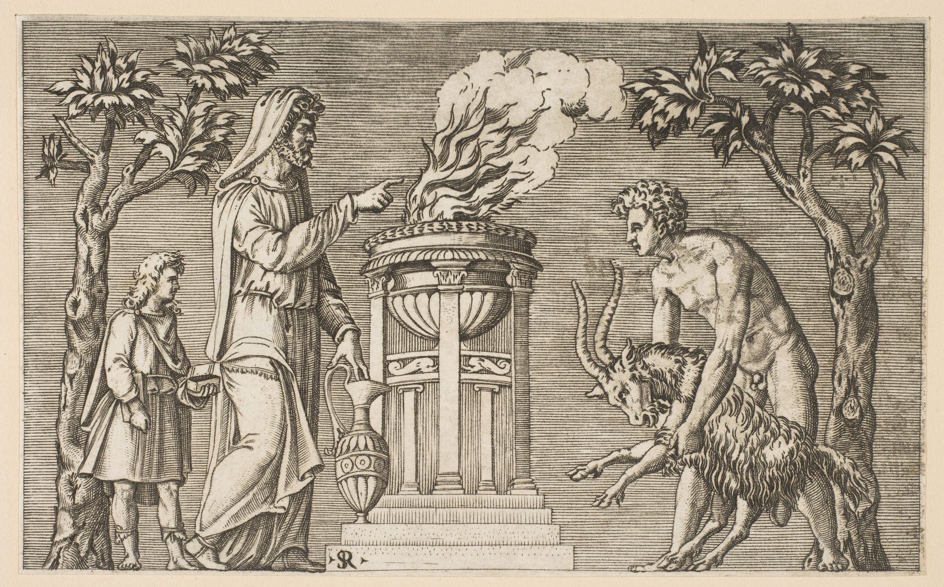 The Sacrifice of a Ram; naked man at right guiding a ram towards an altar pyre, hooded priest at left with a young attendant by Marco Dente