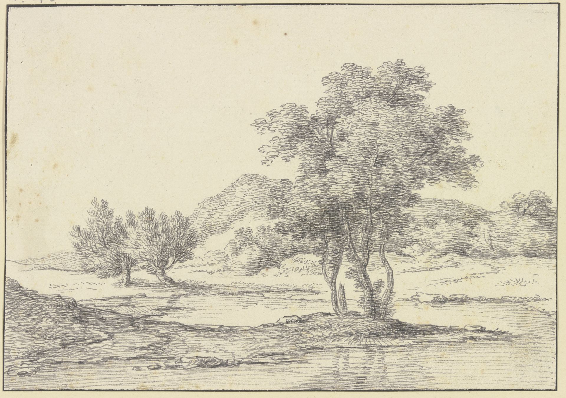 Baumgruppe am Wasser, links zwei Weidenbäume, im Hintergrund Berge by Ferdinand Kobell