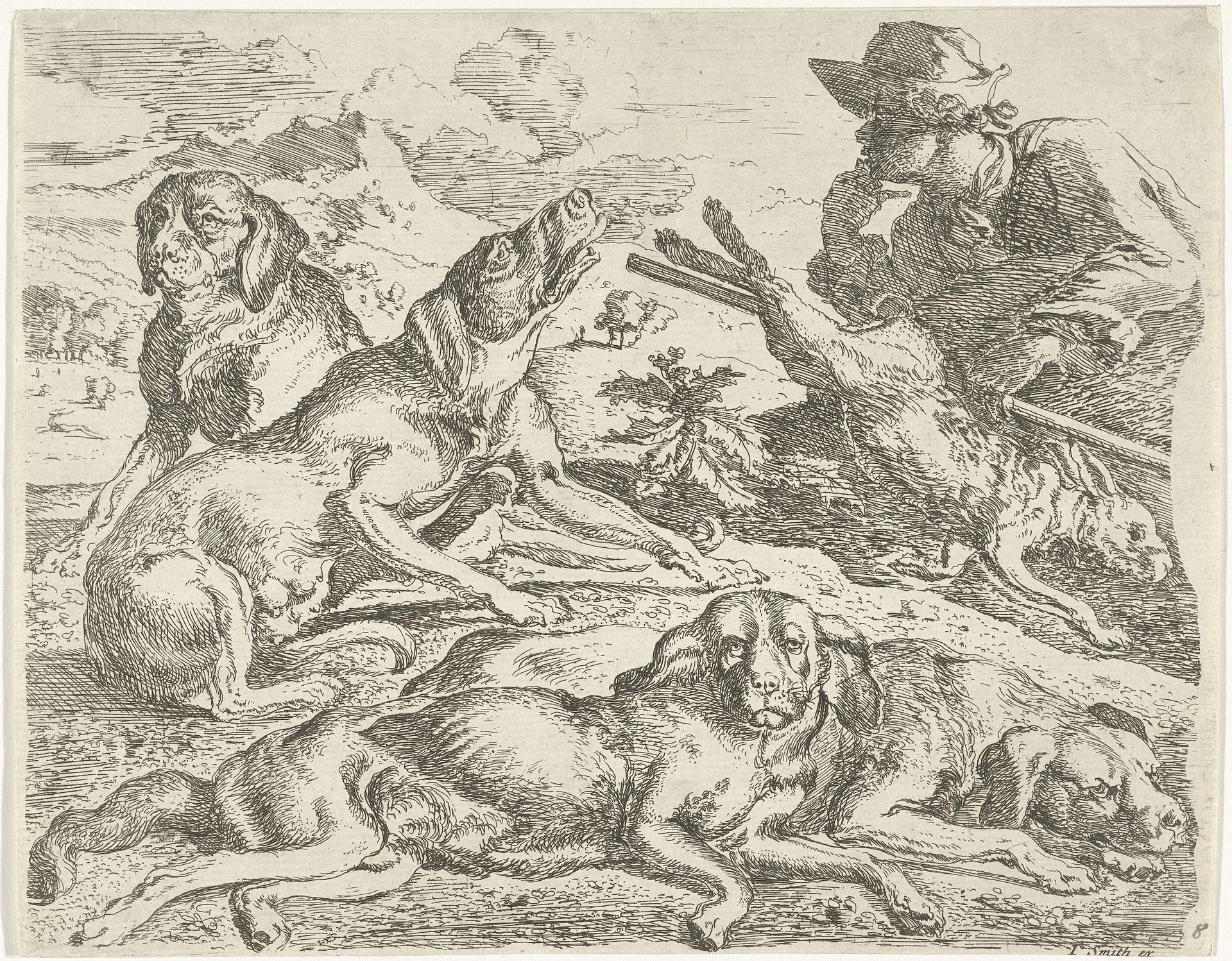 Vier honden, een jager en een haas by Abraham Hondius