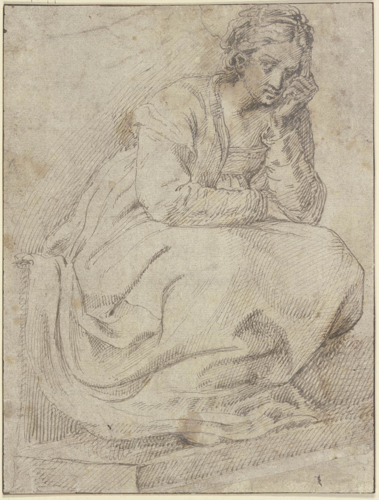 Eine auf einer Treppe sitzende Frau by Ludovico Carracci