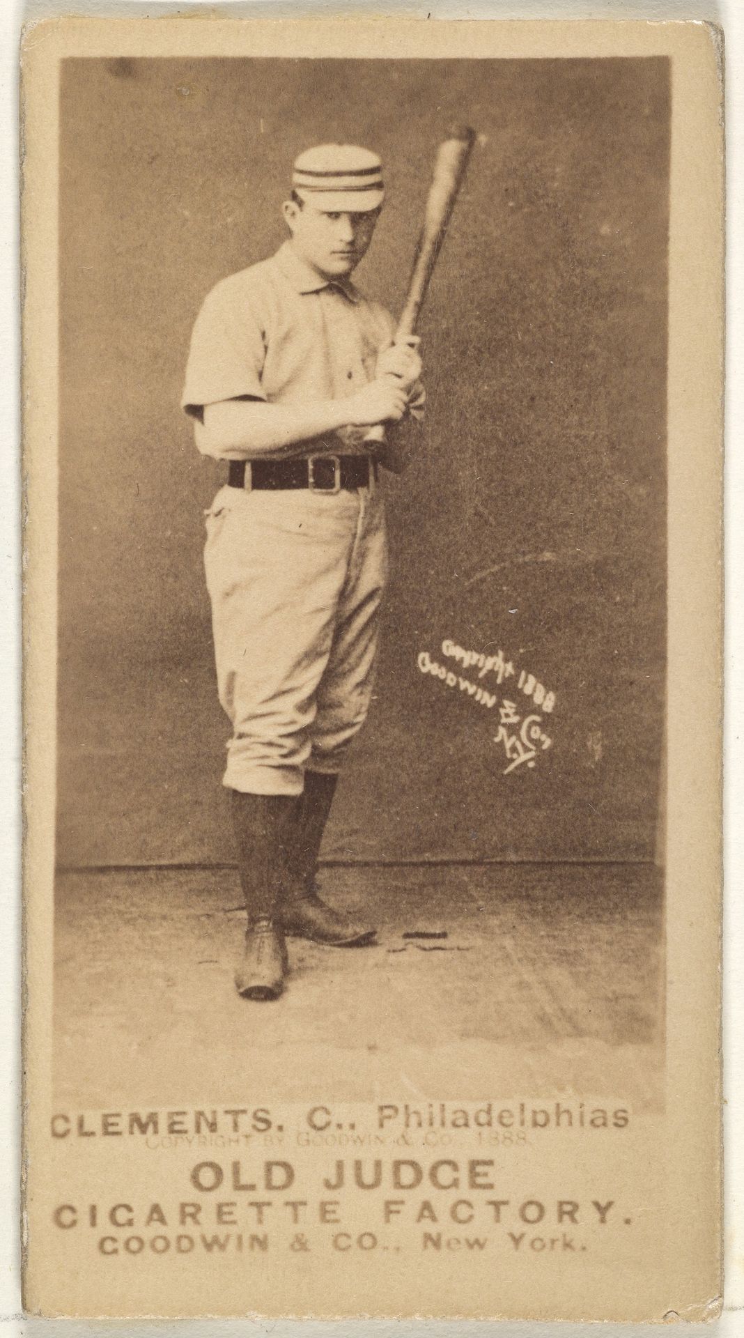 John J. "Jack" Clements, Catcher, Philadelphia, from the Old Judge series (N172) for Old Judge Cigarettes by Goodwin & Company