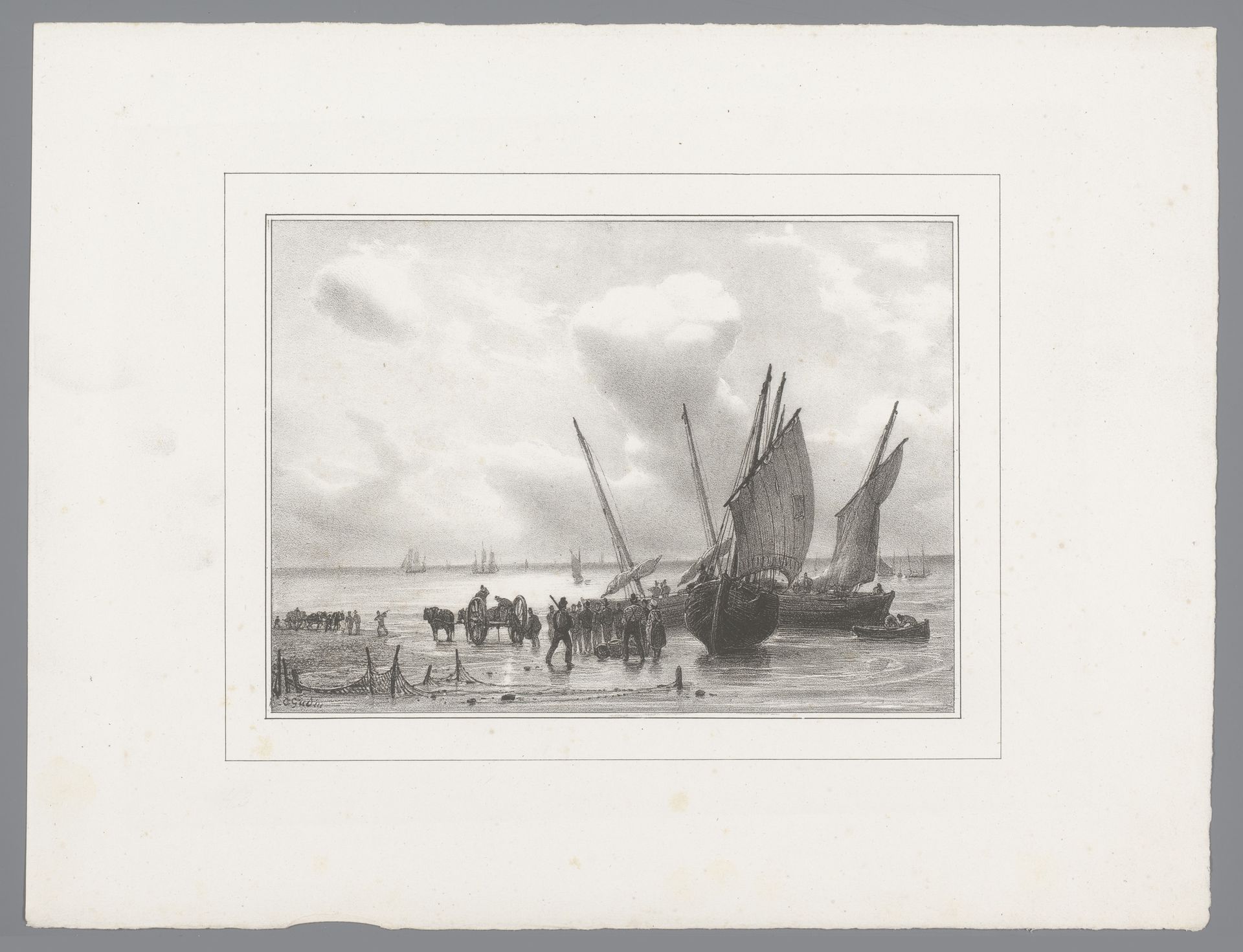 Vissersschepen aan de kust by Théodore Gudin