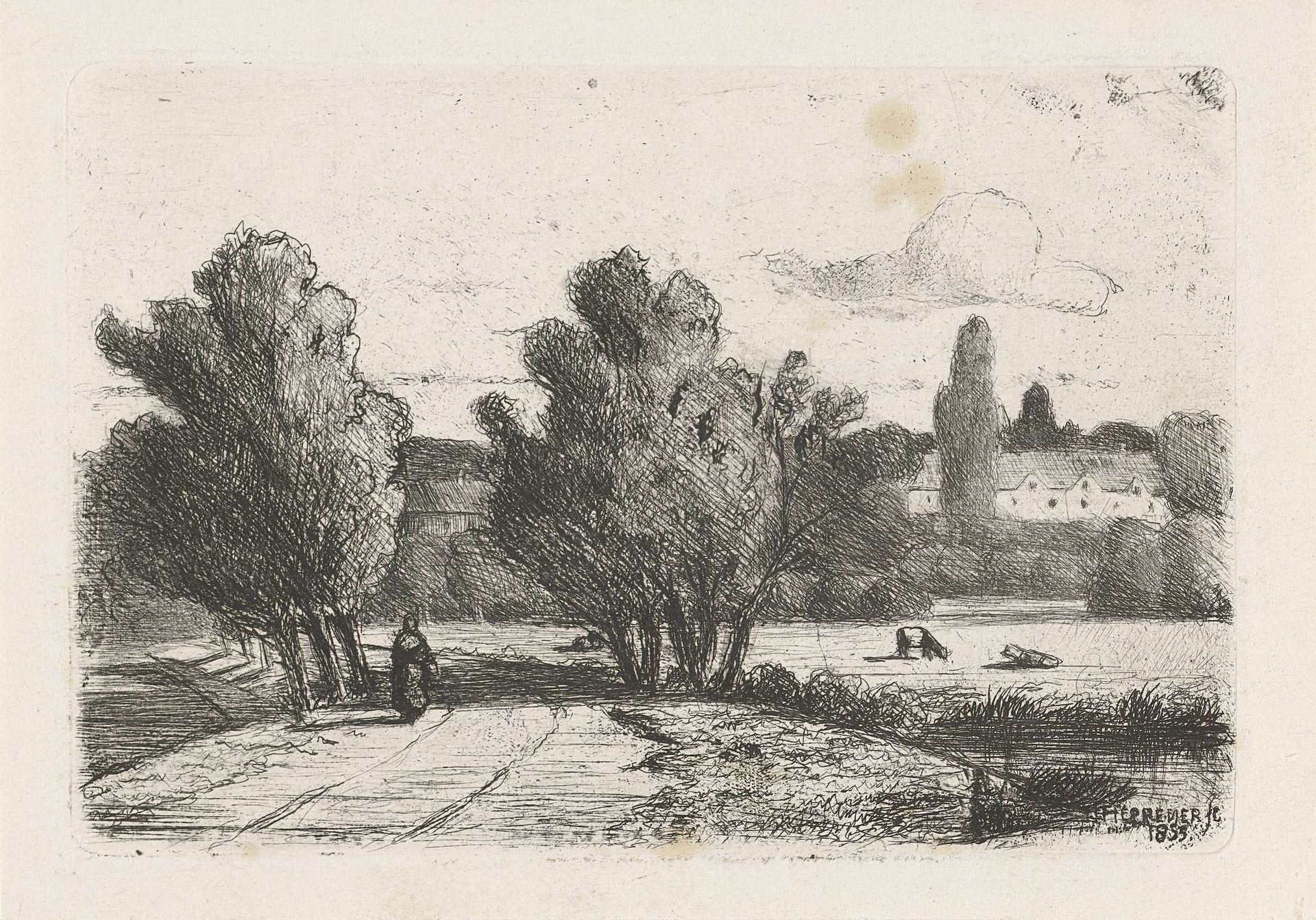 Landschap met een figuur op een weg by Jan Heppener