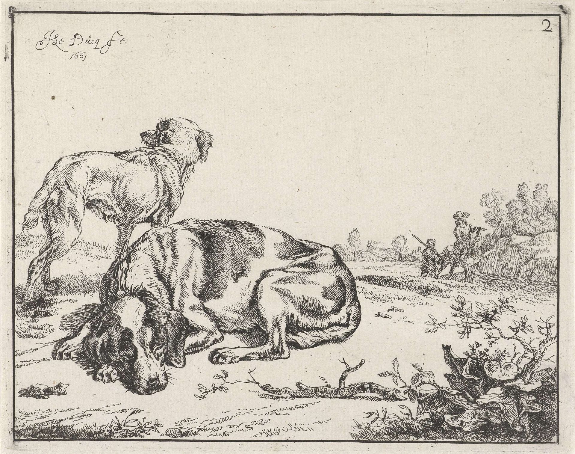 Twee honden in een landschap by Johan le Ducq