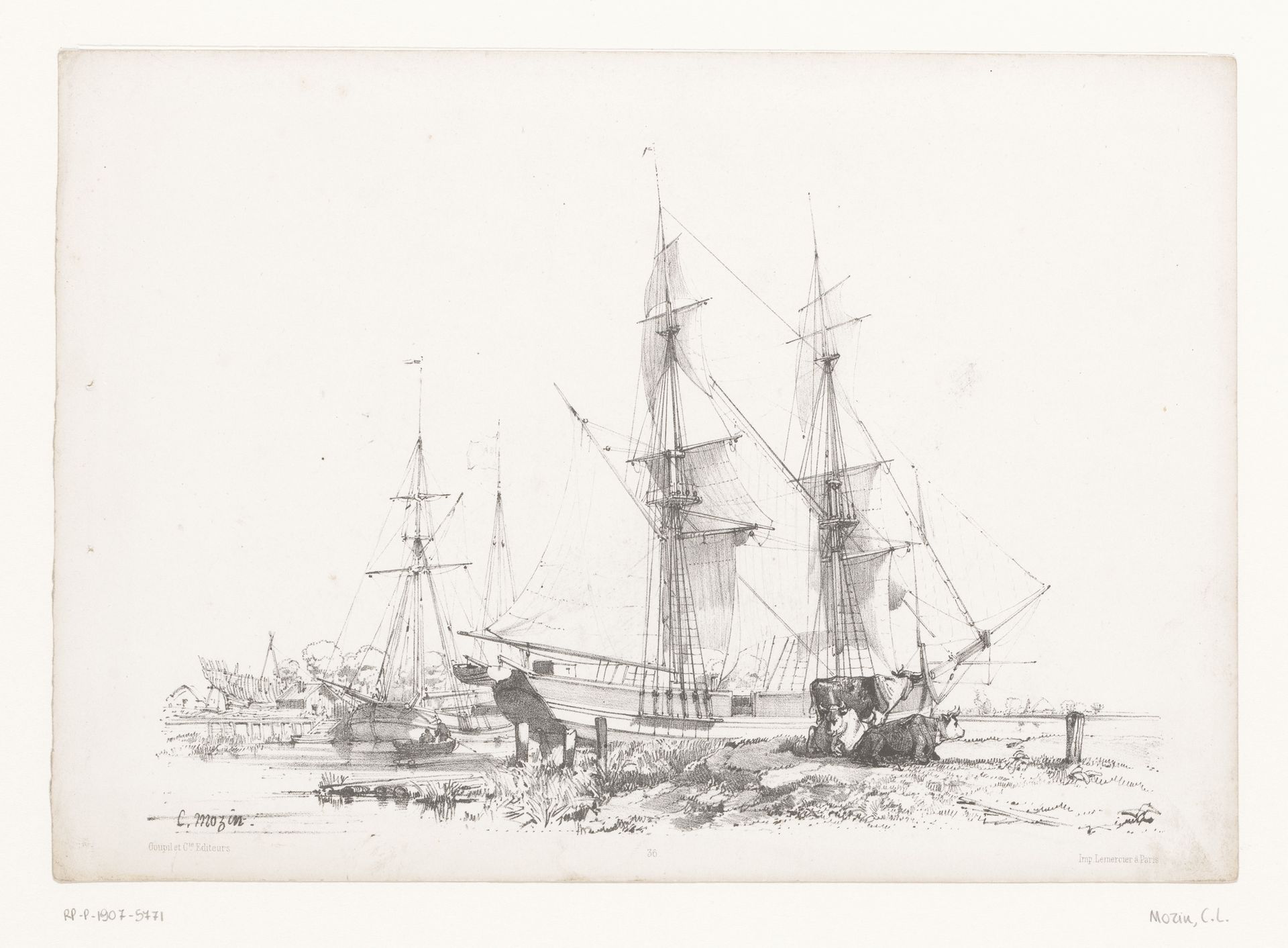Zeilschepen in het water by Charles Louis Mozin