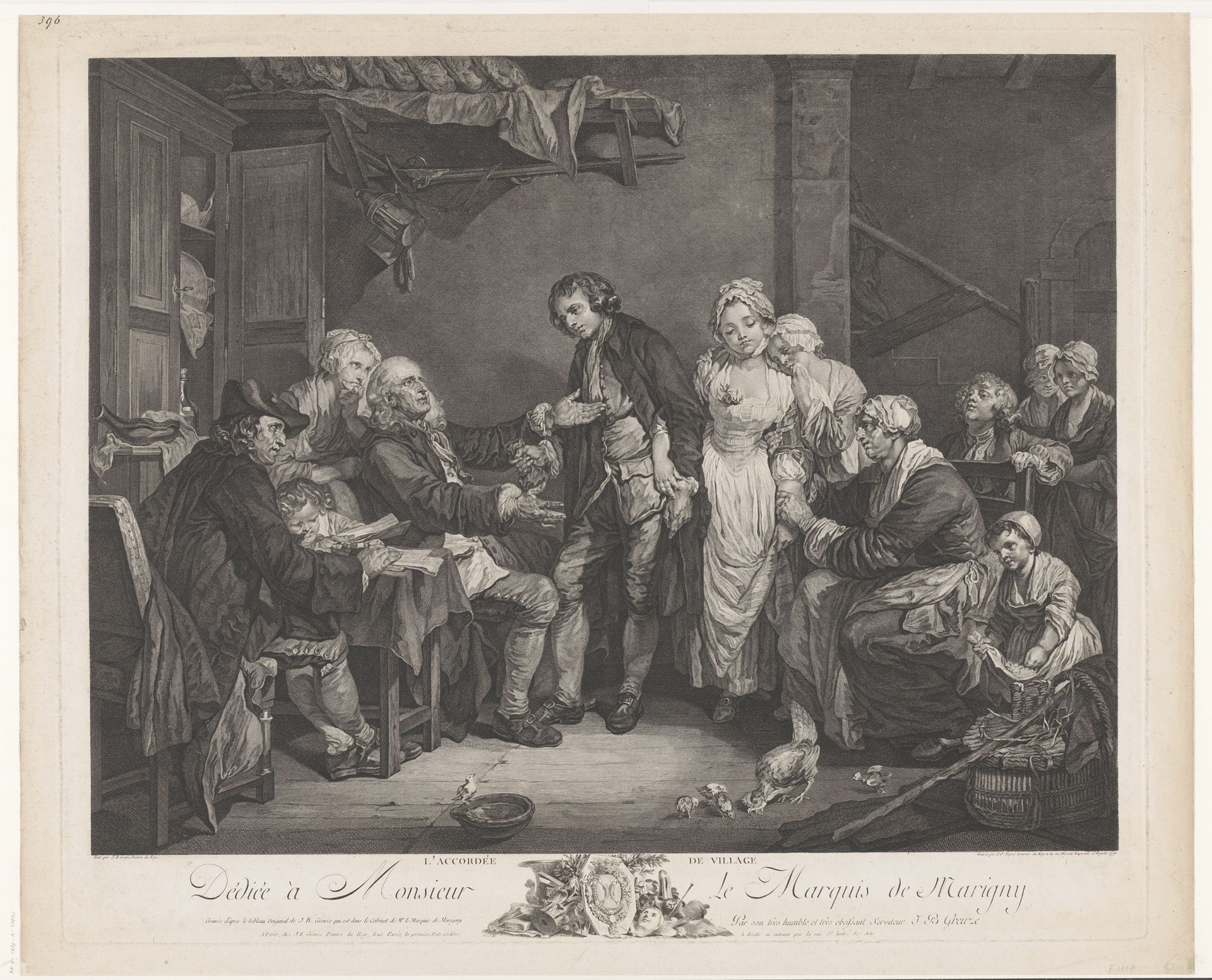 Interieur met man die de hand van een vrouw vraagt by Jean Jacques Flipart