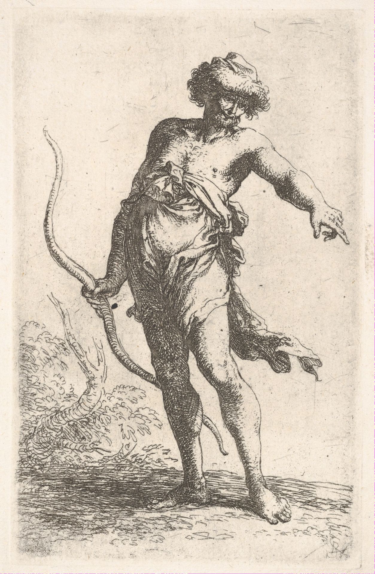 A partially dressed man holding a bow in his left hand and pointing with his right, from the series 'Figurine' by Salvator Rosa