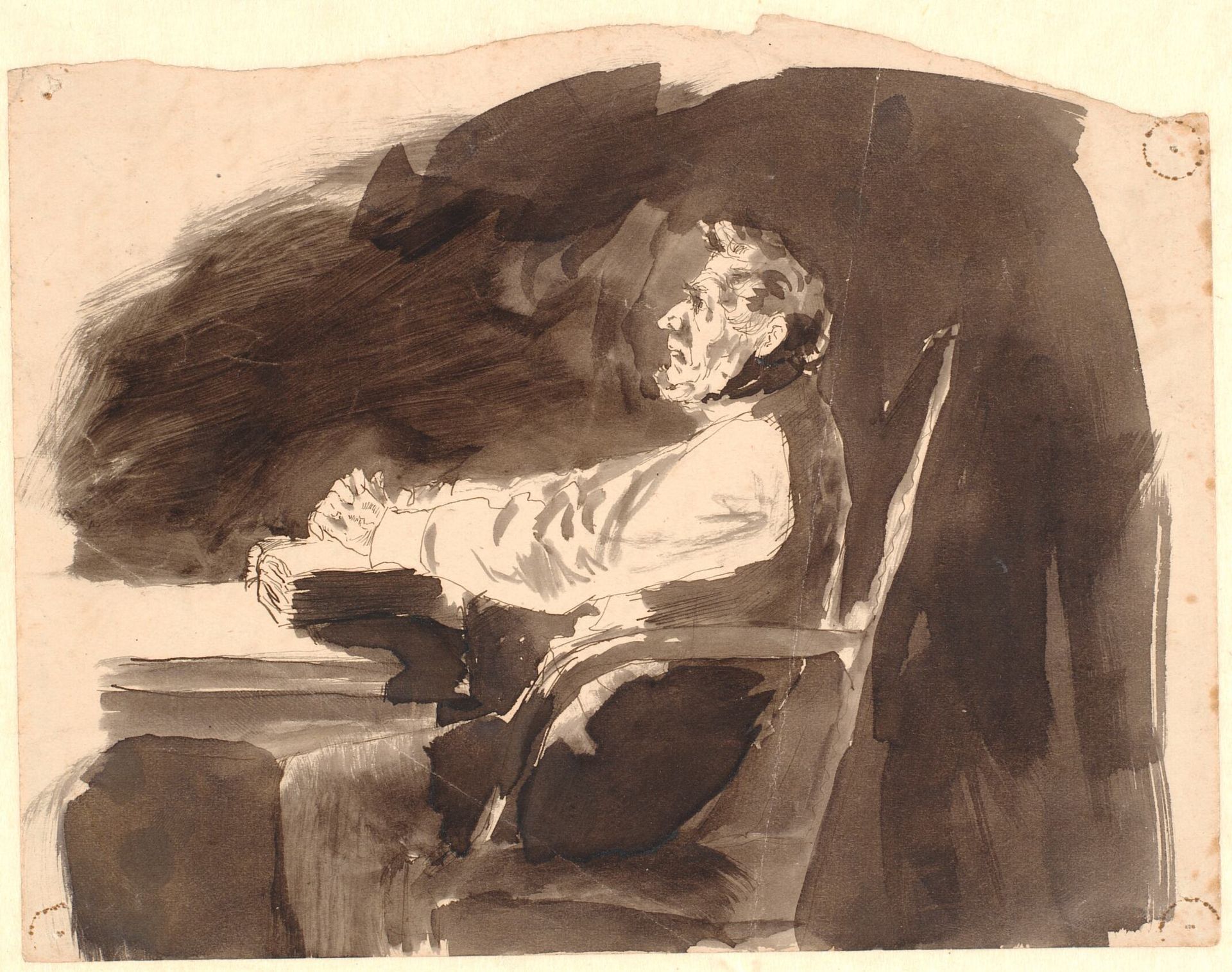 Gammel mand ved et bord med en bibel by Johannes Holbek