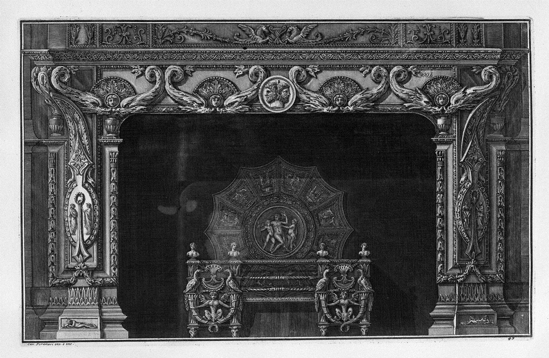Fireplace: four pairs in the frieze of dolphins addressed; a rich interior wing by Giovanni Battista Piranesi