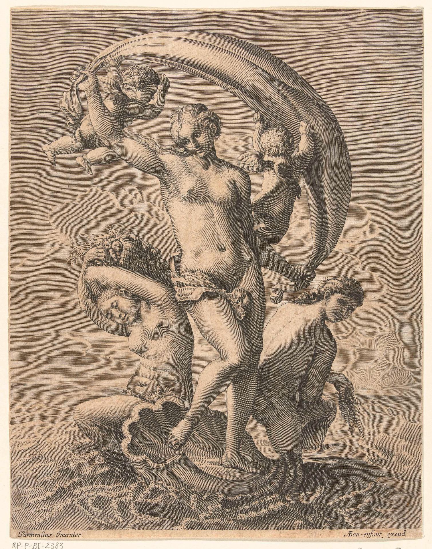 Venus door de wind meegevoerd op haar schelp op zee by Boëtius Adamsz. Bolswert