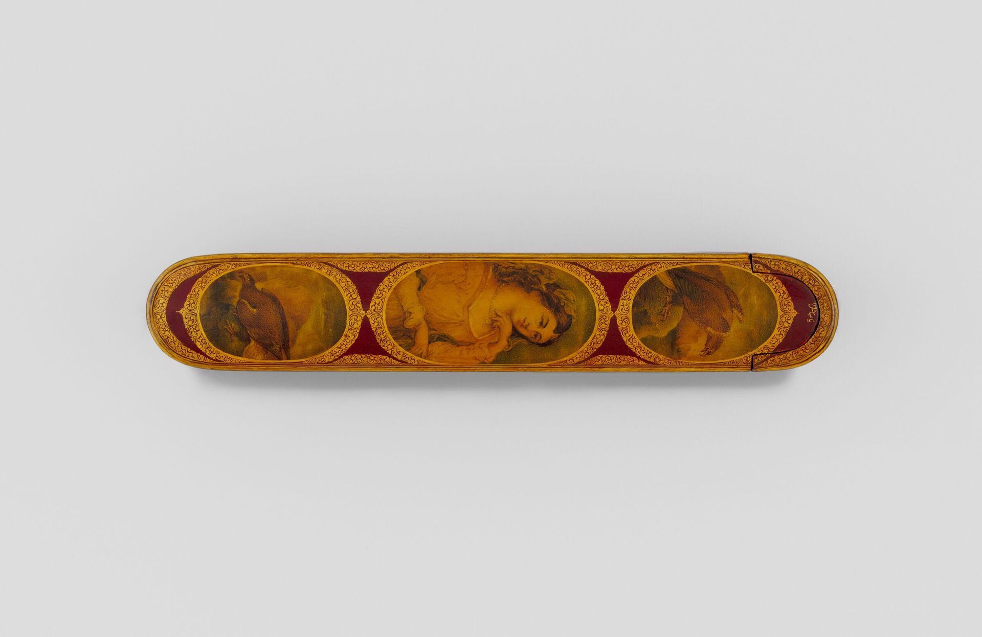 Pen Box with European Woman and Eagles in Medallions by `Abbas Shirazi