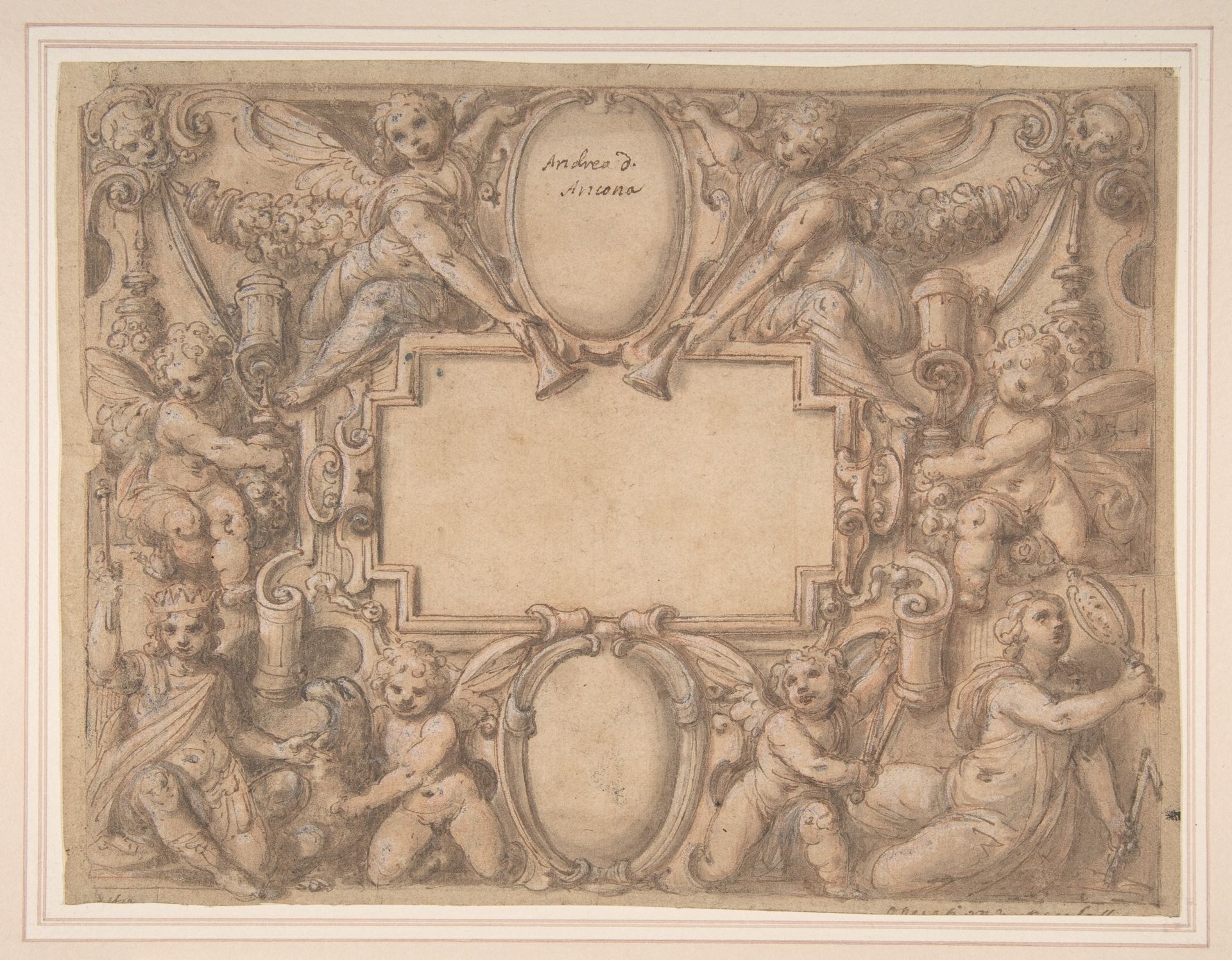 A Cartouche and Two Shields Surrounded by Allegorical Figures. by Andrea Lilli (Lilio)