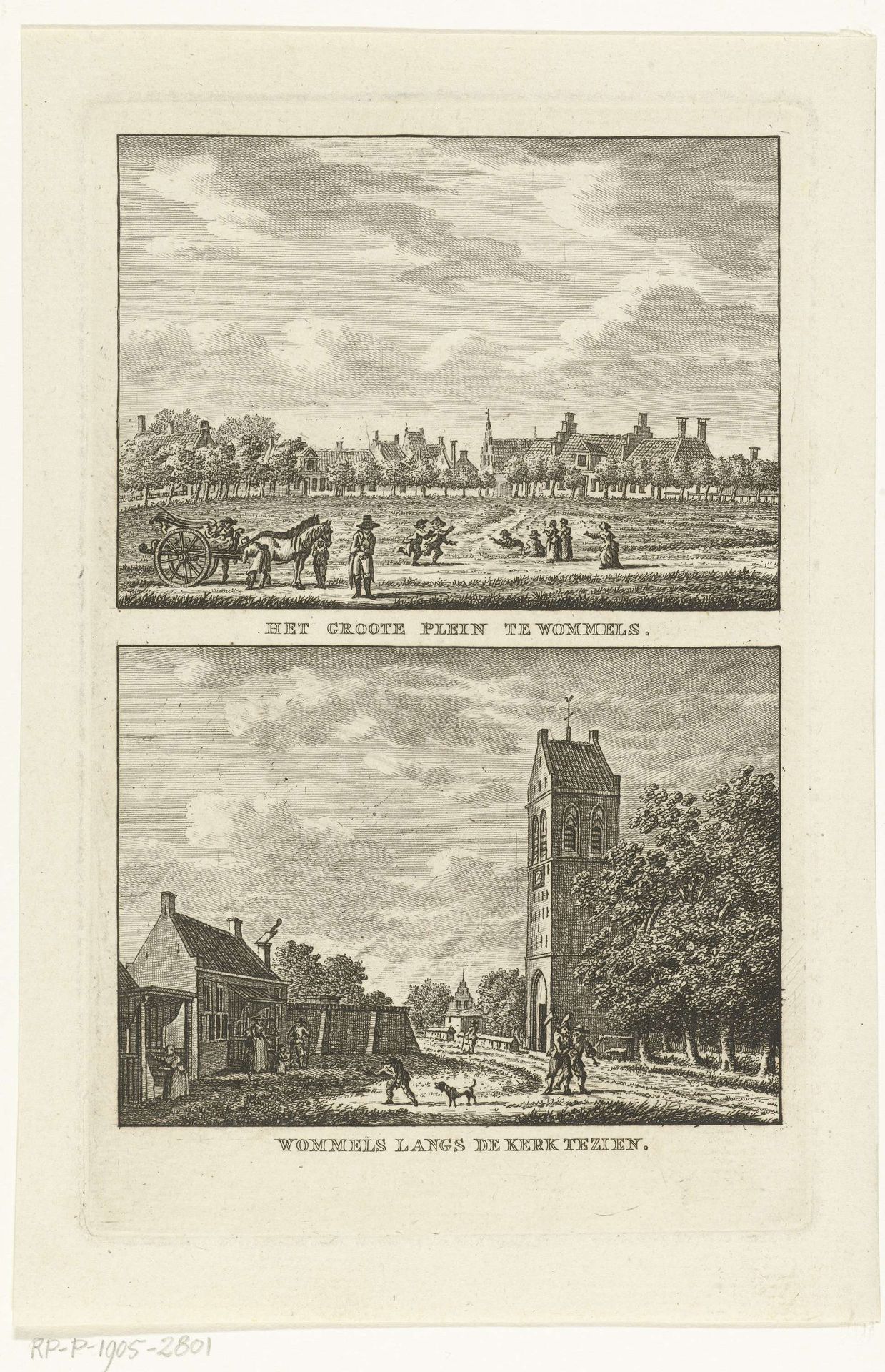 Twee dorpsgezichten te Wommels met Grote Plein en Nederlands Hervormde Kerk by Carel Frederik (I) Bendorp