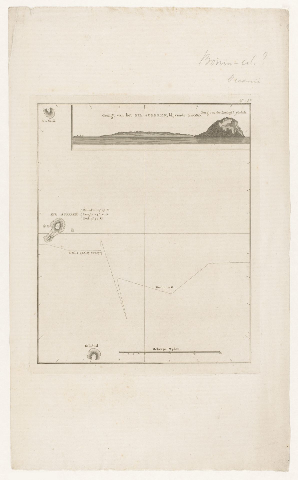 Kaart van en gezicht op het eiland Iwo Jima voor de Japanse kust by Anonymous