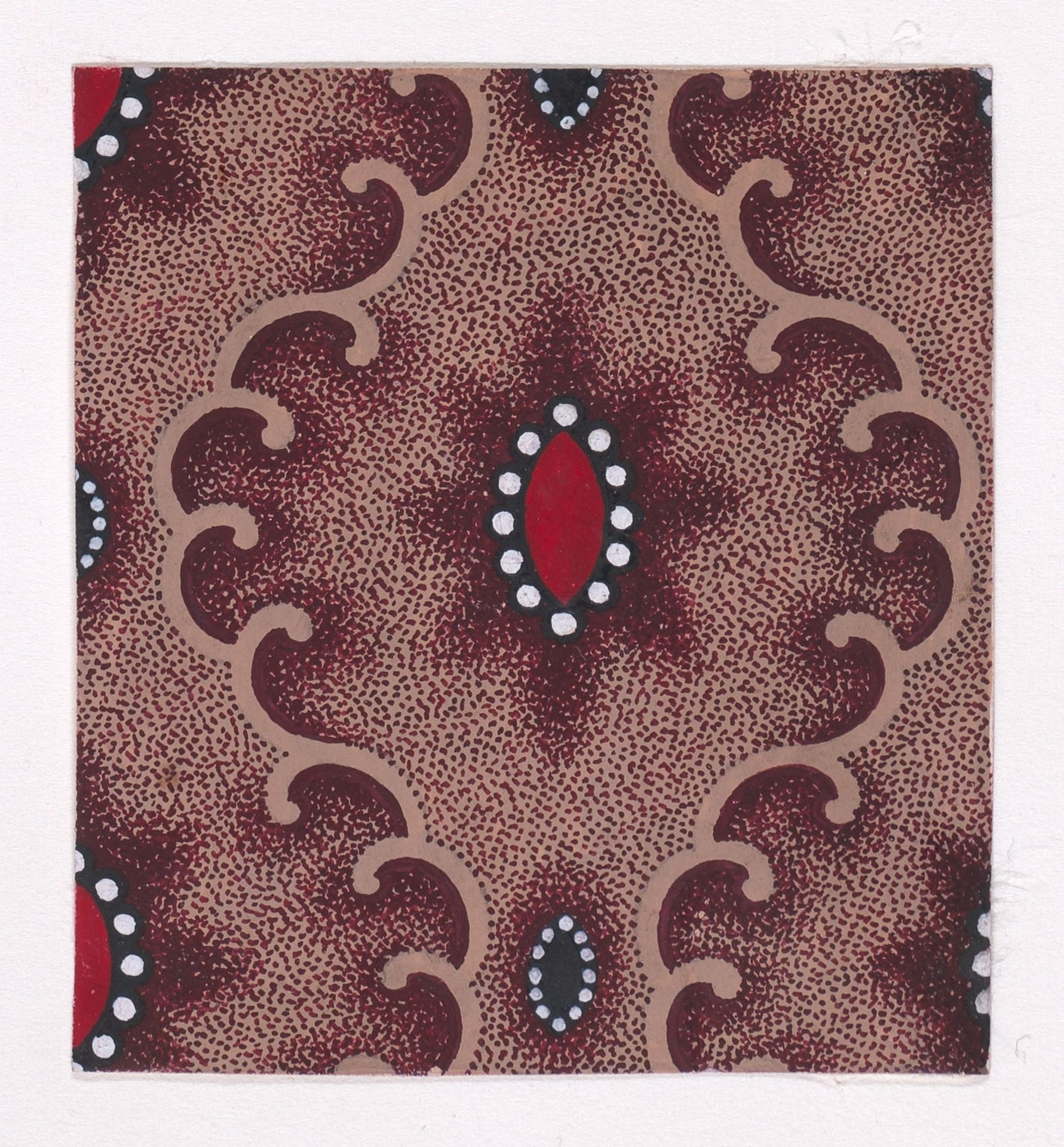 Textile Design with Vertical Rows of Alternating Lenses of Two Different Sizes Bordered by Pearls Separated by Vertical Scrolls of Ribbons Over a Stippled Background by Anonymous