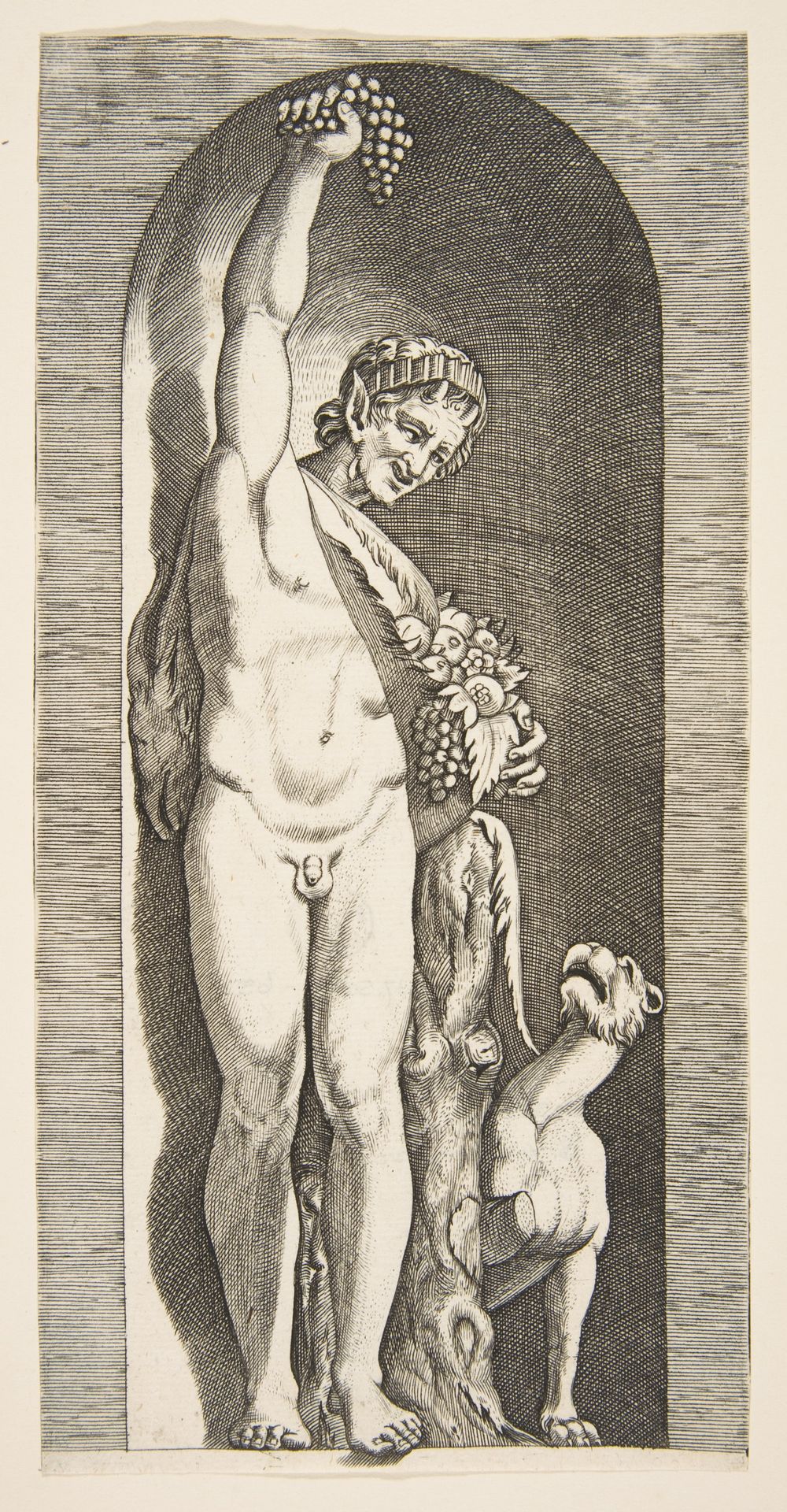 A faun standing in a niche holding aloft a bunch of grapes with his right hand and fruit with his left hand, a dog lower right by Marco Dente