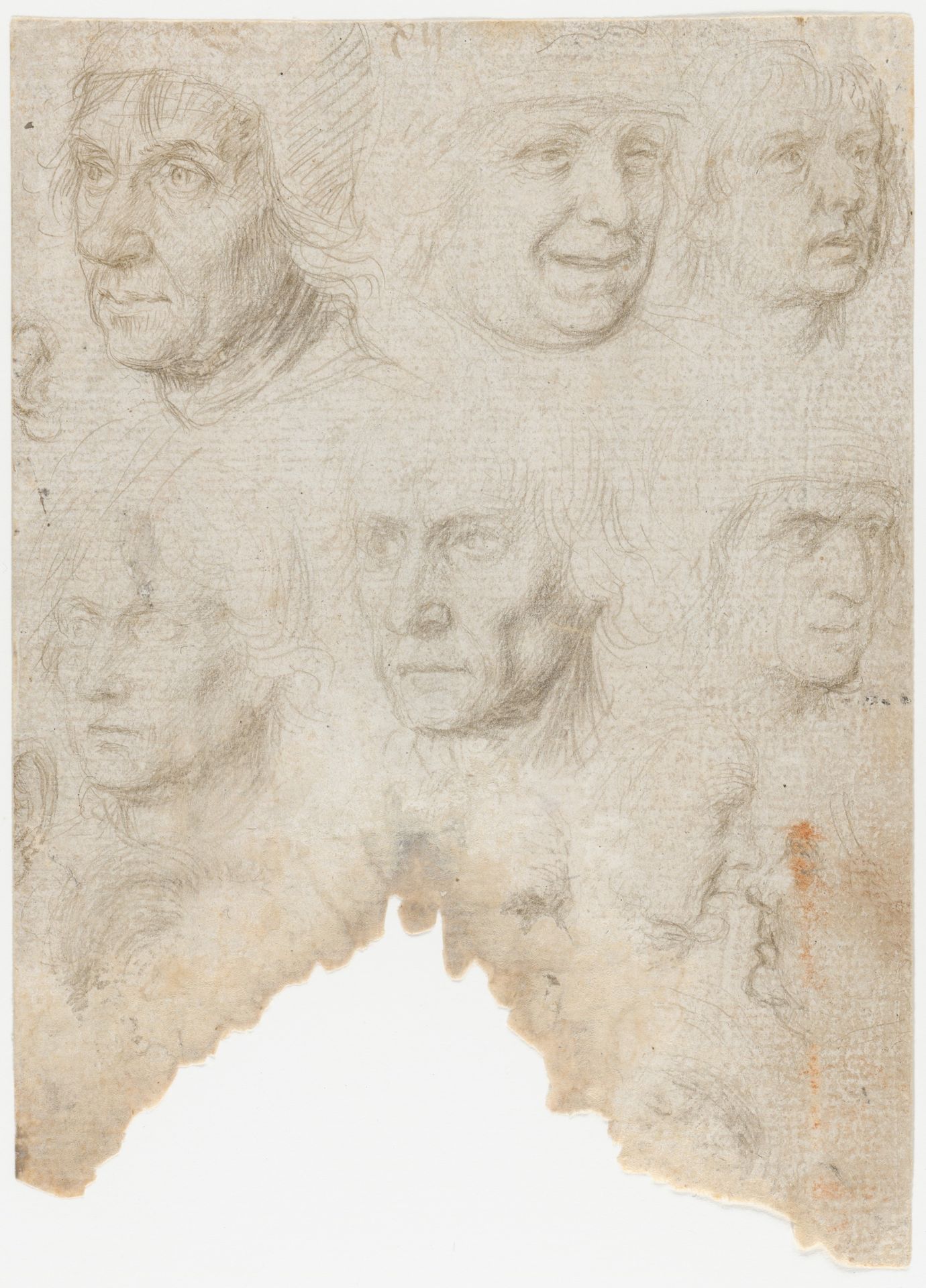 Studies of ten (?) heads and two ears (recto); Studies of three figures and a head (verso) by Gerard David
