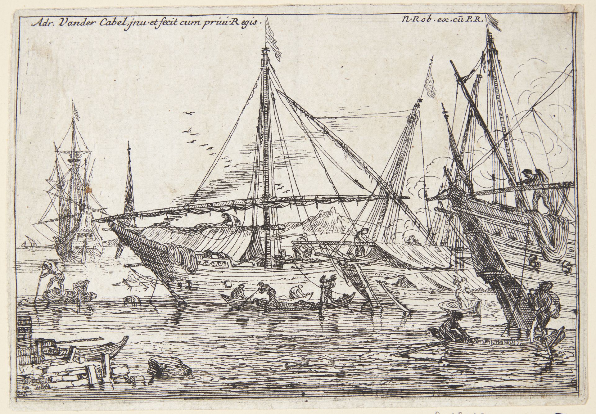 Landskab, i forgrunden et liggende par, der konverserer by Adriaen van der Kabel