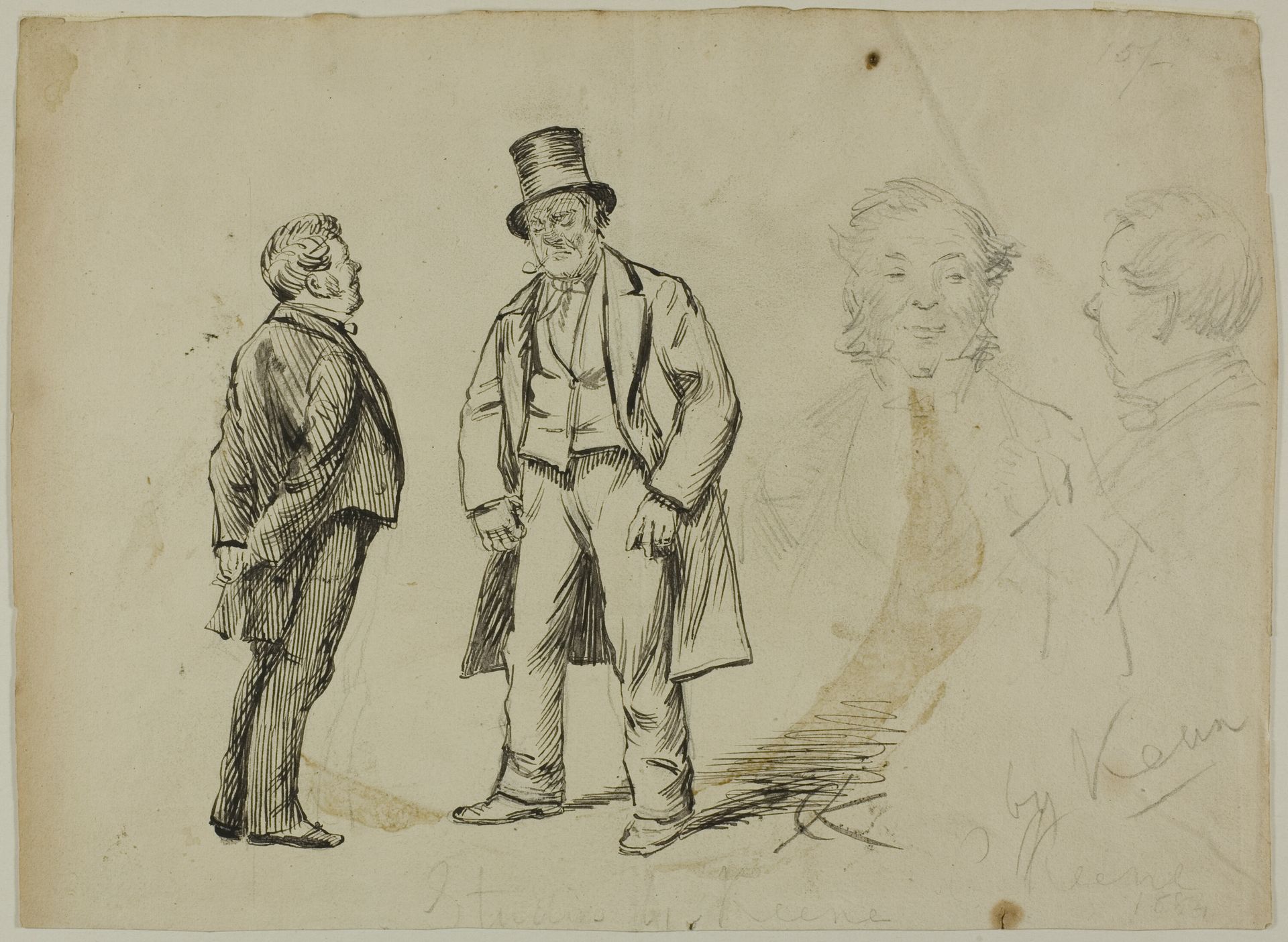 Sketch of Two Standing Men and Two Portaits by Charles Samuel Keene
