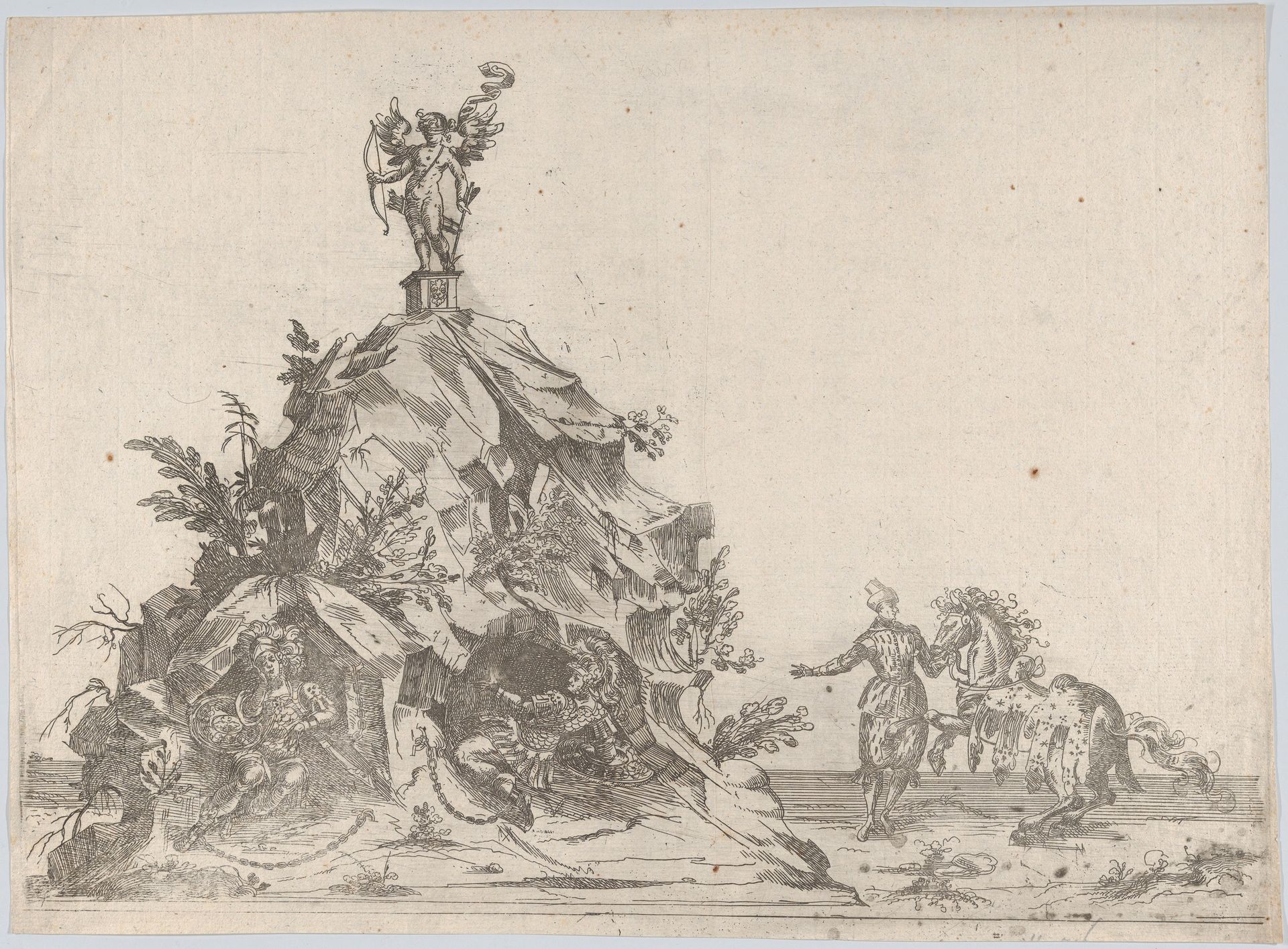 Rock formation with a blindfolded figure of cupid at top, two soldiers bound at the bottom, and a man with a horse to the right by Anonymous