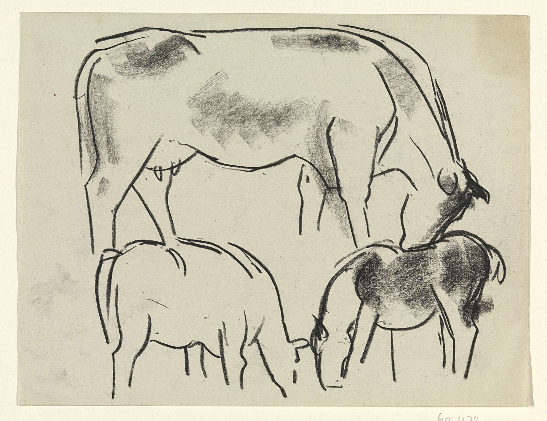 Twee grazende koeien en een paard by Leo Gestel