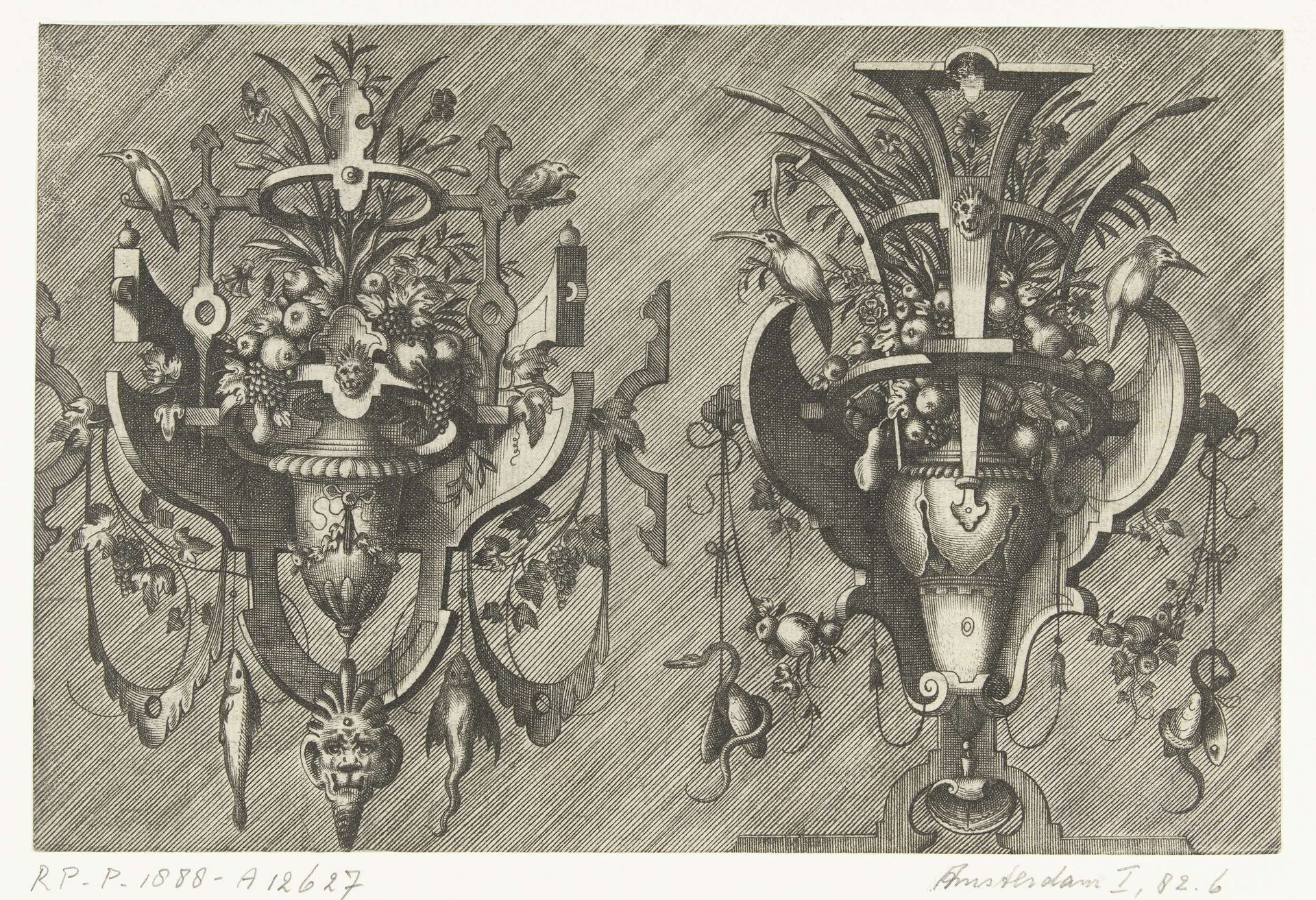 Twee vazen met vruchten en bloemen in een omlijsting van rolwerk by Pieter van der Heyden